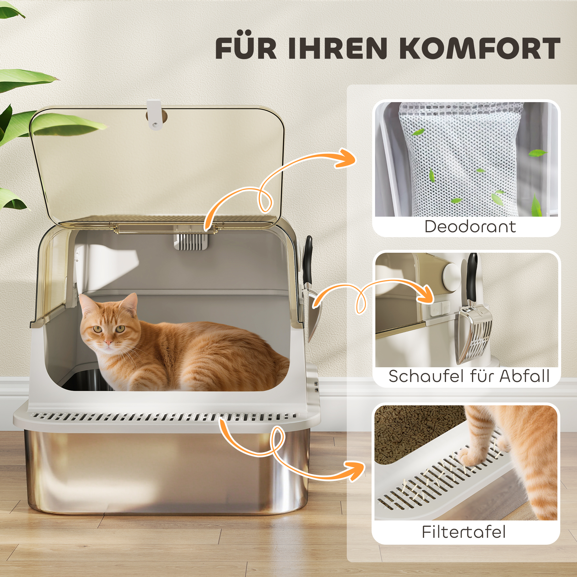 XXL Edelstahl-Katzentoilette mit Klappdeckel, Katzenklo mit Schaufel, für große Katzen bis zu 12 kg, leicht zu reinigen