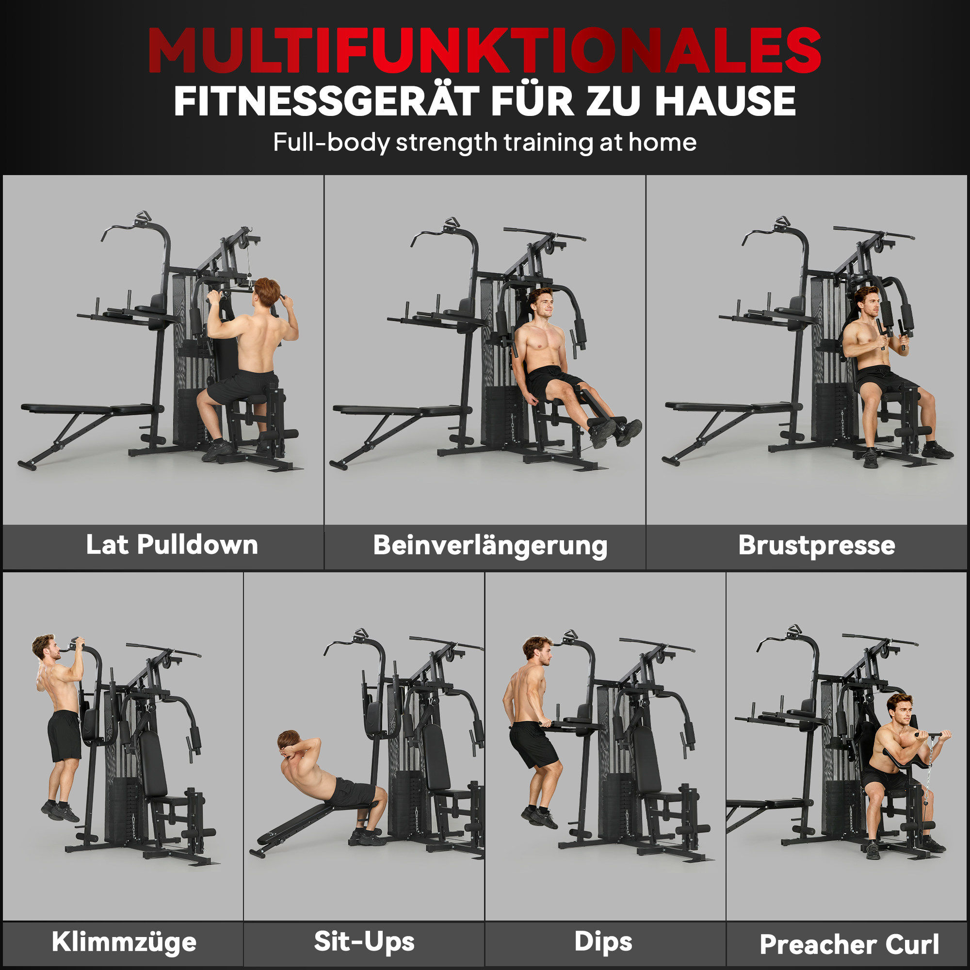 Multifunktions-Trainingsstation, Heimfitness-Maschine für über 10 Übungen, Gewichte, anpassbare Fitnessbank, Schwarz