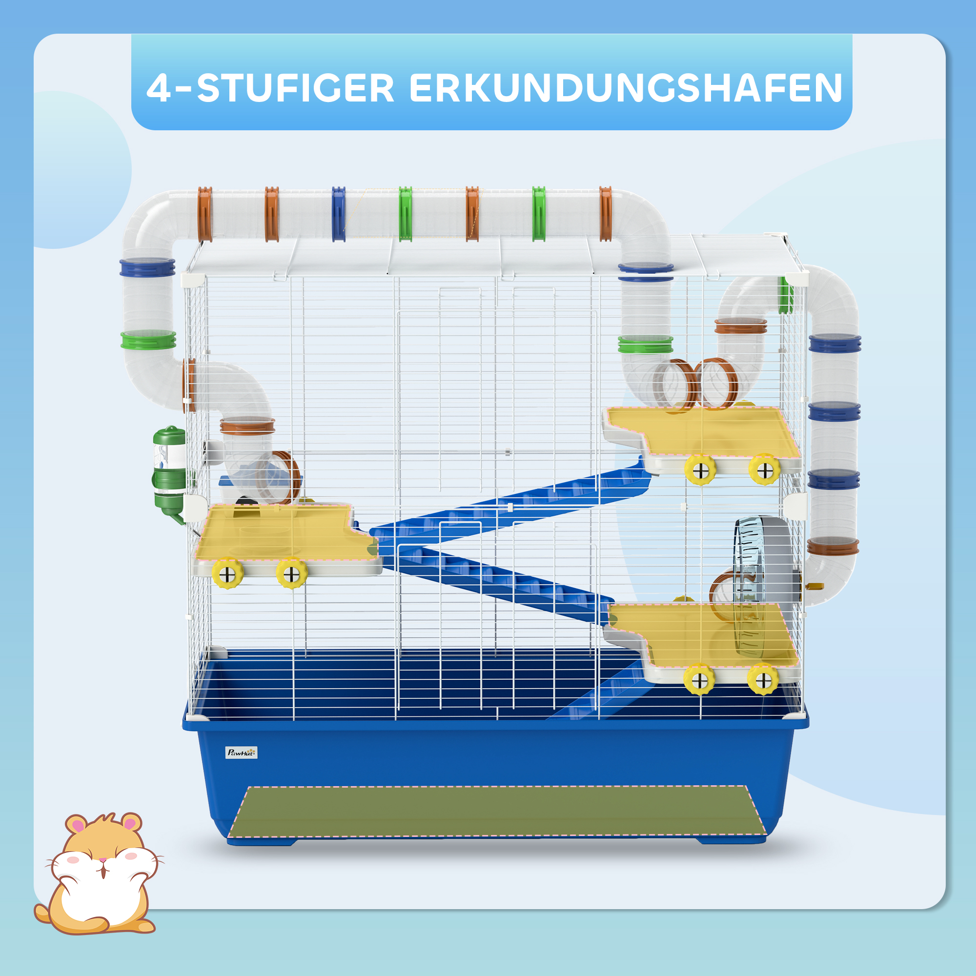 Hamsterkäfig mit 4 Ebenen, Kleintierkäfig mit Tunnelsystem, Hütte, Laufrad, für Zwerghamster, 78 x 45 x 73 cm, Blau