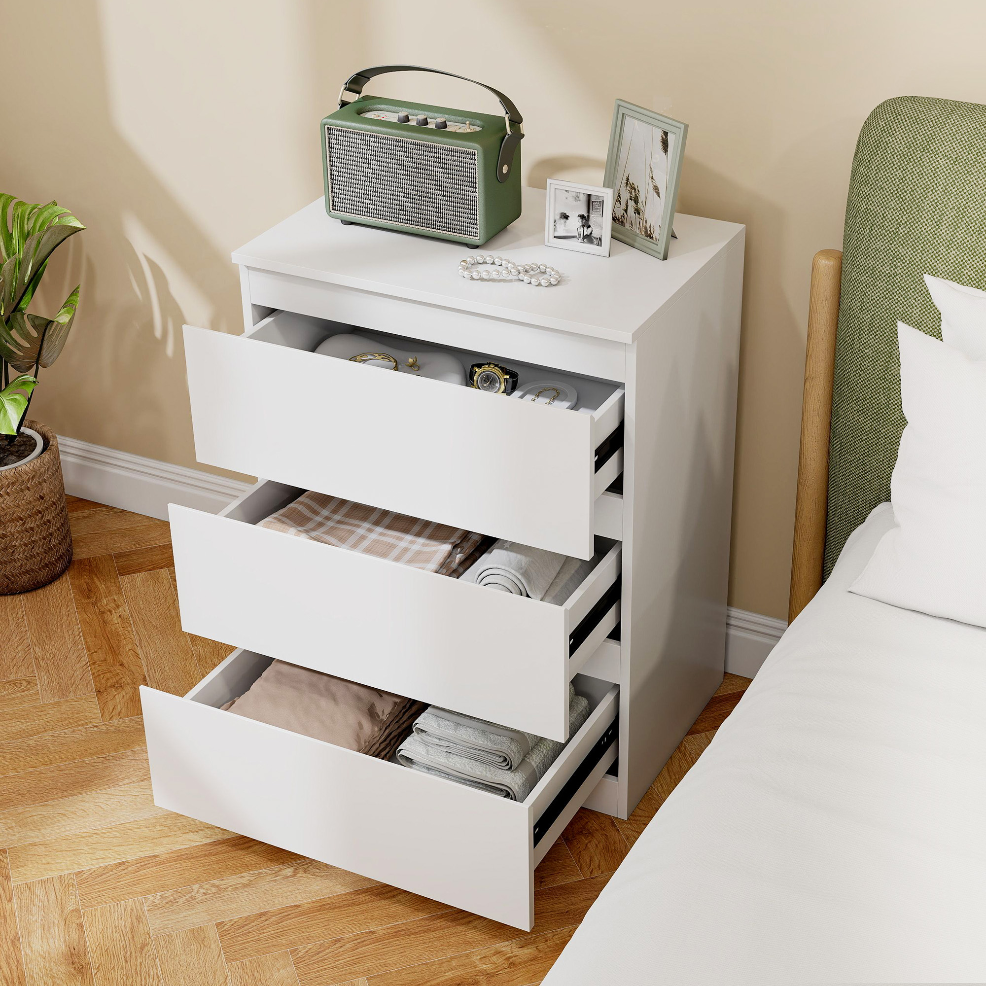 Kommode mit 3 Schubladen, für Wohnzimmer, Schlafzimmer, Flur, Spanplatte, Weiß