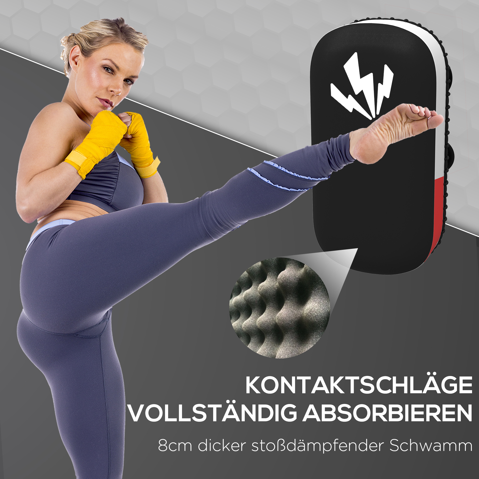 Kickpolster fürMuay Thai, Kickboxen, Kunstlederbezug, 0,4 kg, 38x20x18 cm, Schwarz/Rot/Weiß