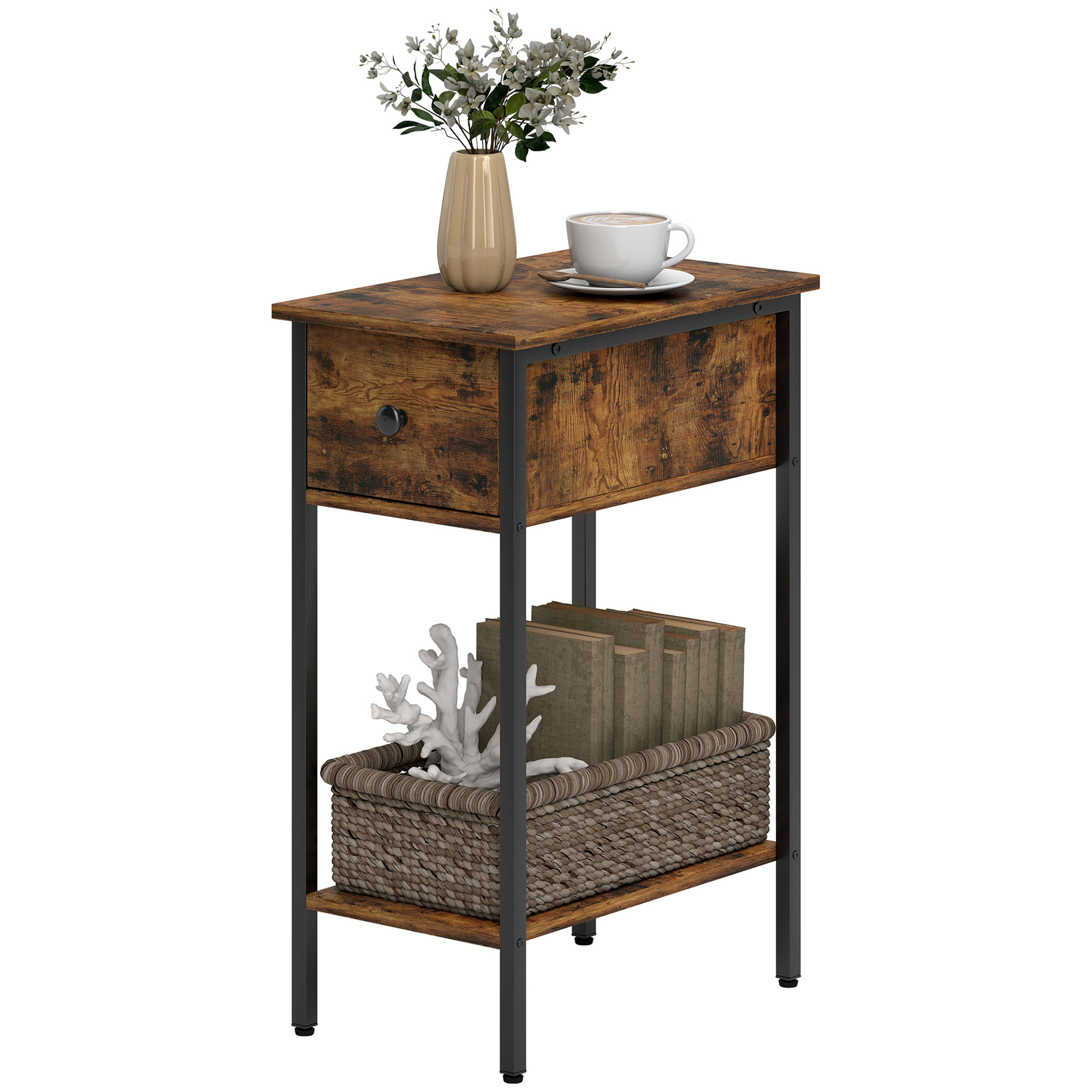Beistelltisch mit offenem Fach und Schublade, Nachttisch, Metallbeine, Holz, Braun