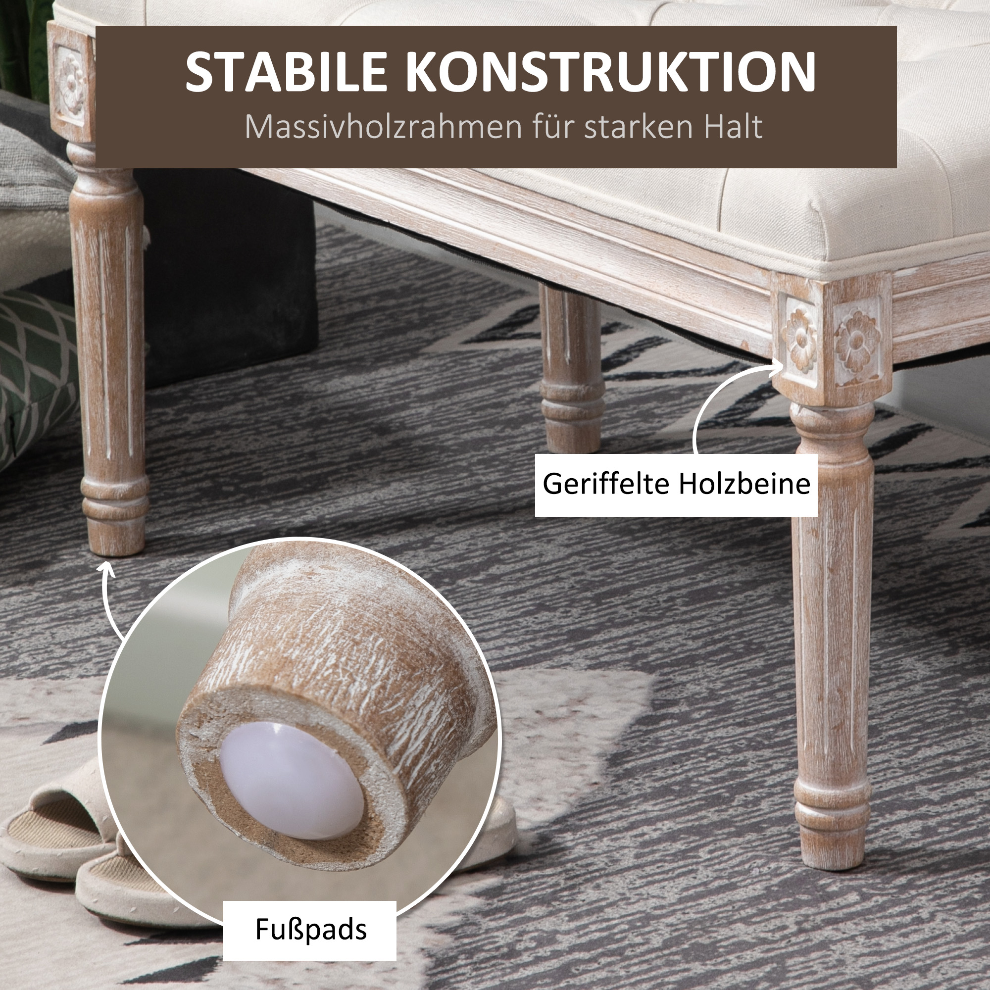 Gepolsterter Sitzhocker, Polsterbank, Fußhocker, Holz und Stoffbezug in Leinenoptik, 80L x 40B x 43H cm, Cremeweiß