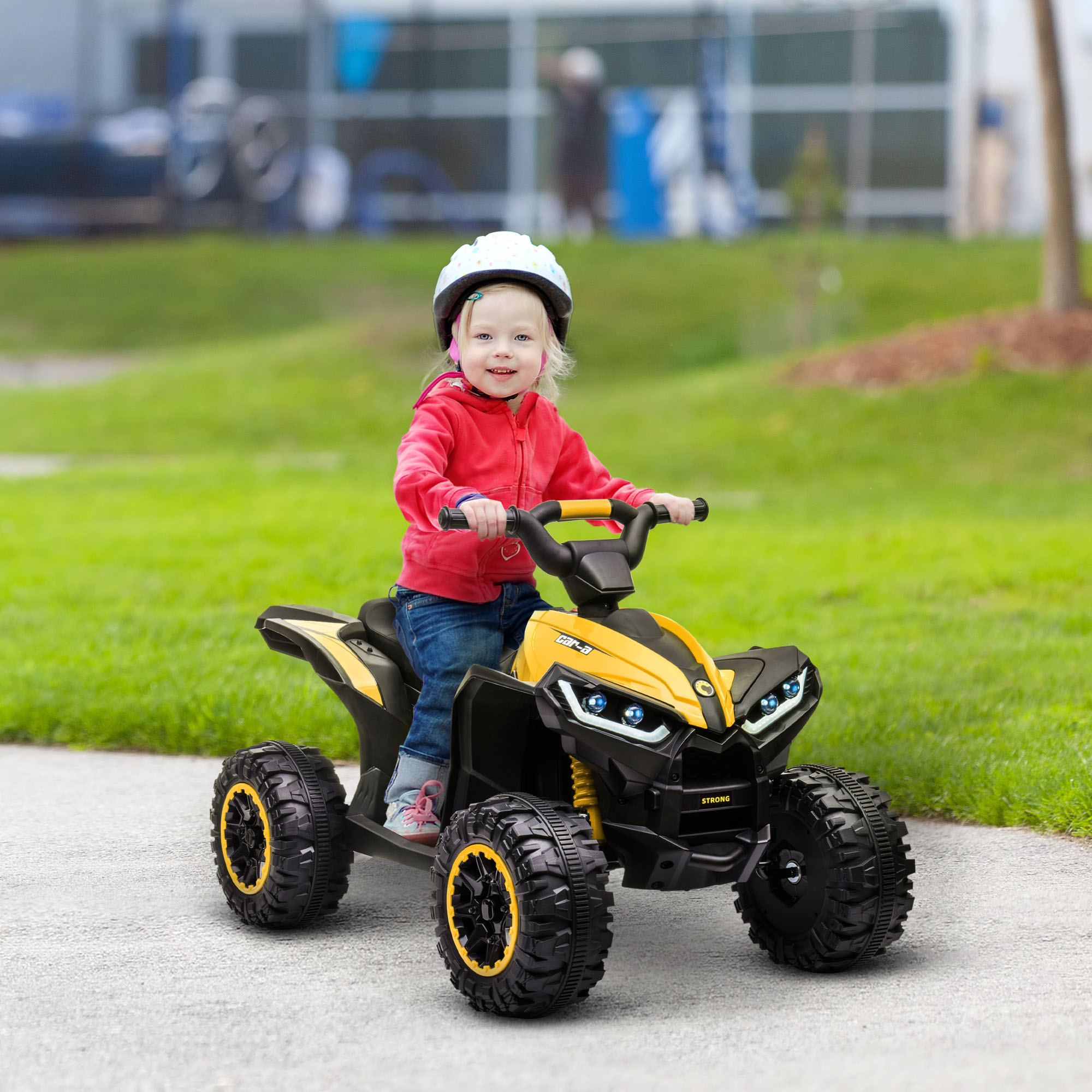 Kinderquad, LED-Scheinwerfer, MP3-Player, Stoßdämpfer, ergonomischer Sitz, Gelb+Schwarz