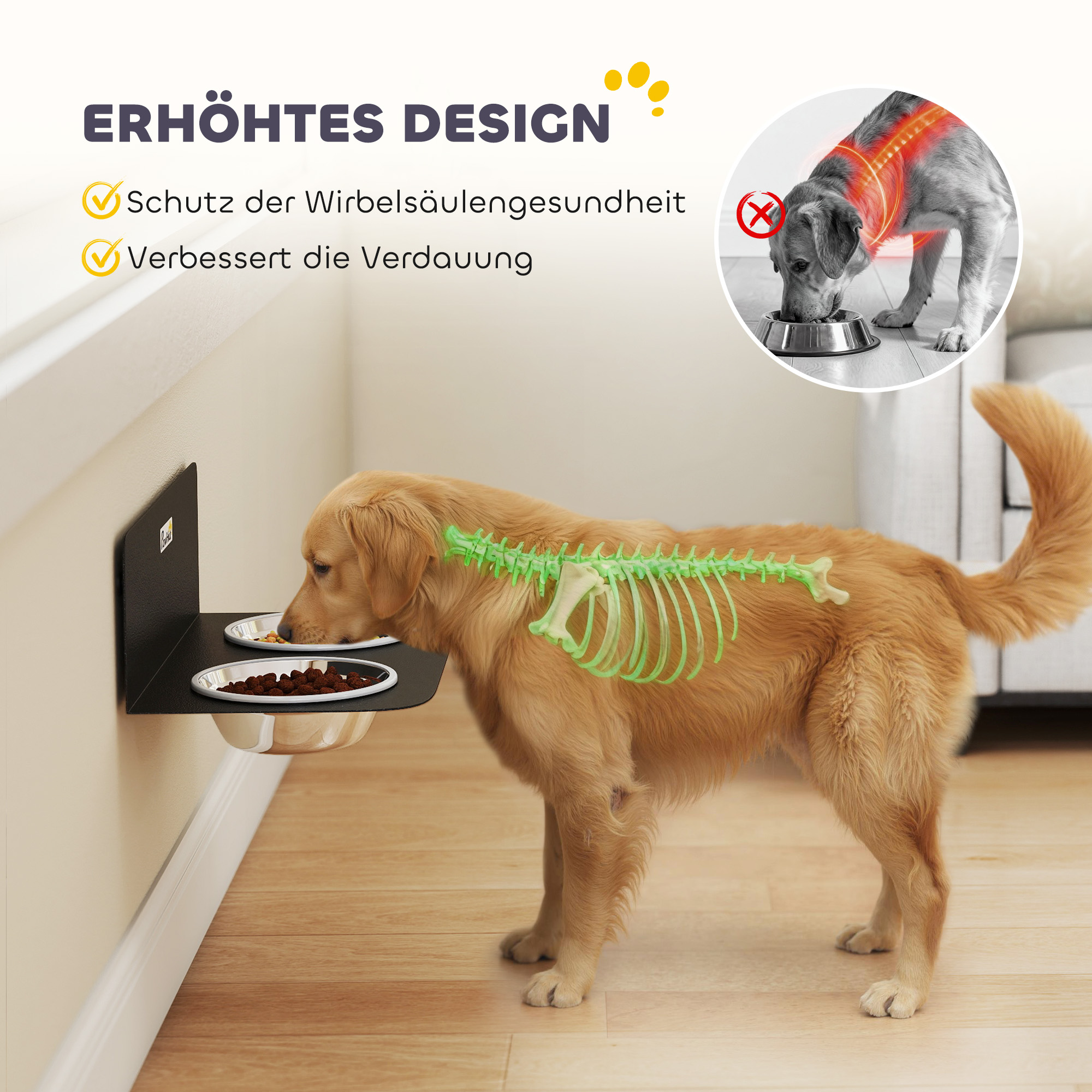 Hundenapf höhenverstellbar Wand Futternapf mit 2 x 800ml Edelstahlnäpfen 42 x 23,5 x 14 cm Schwarz