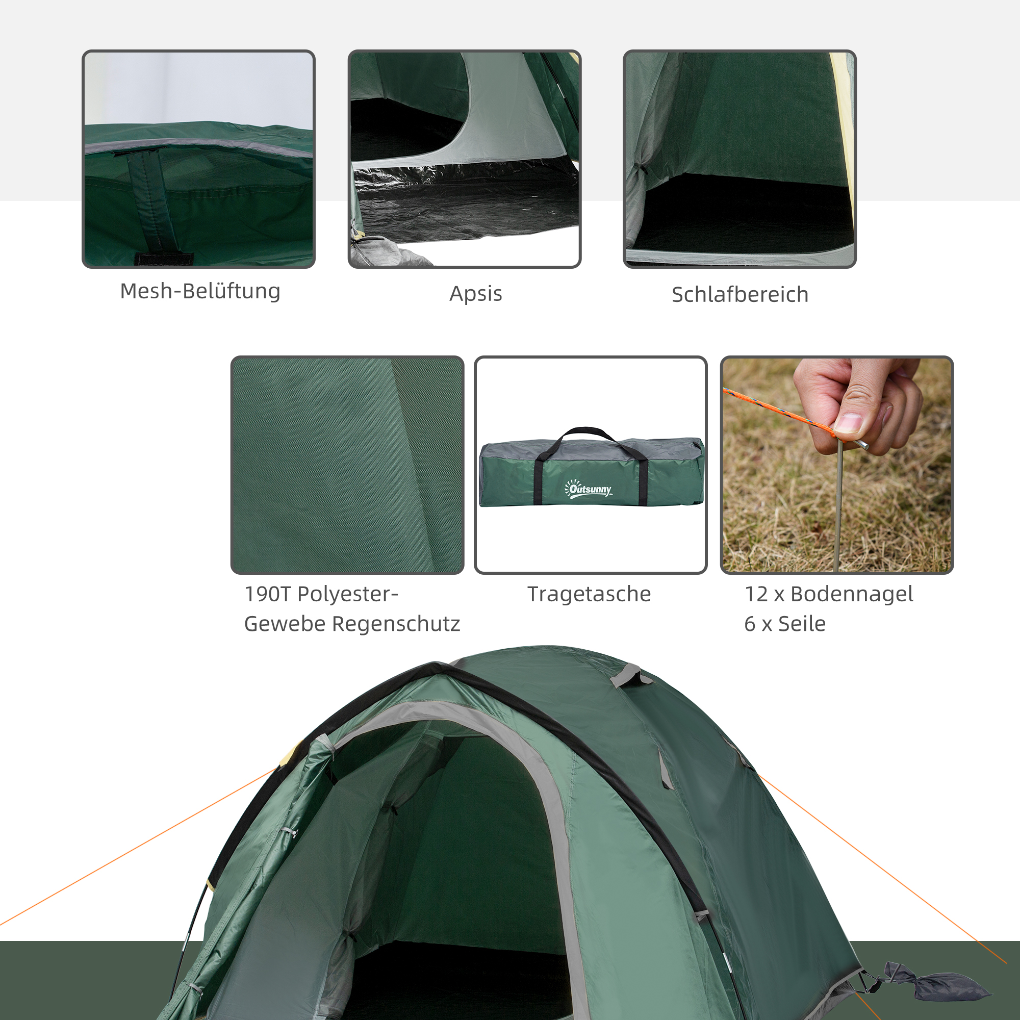 2-Personen-Campingzelt, Netzöffnungen, Lampenhaken, Tragetasche, Grau+Gelb