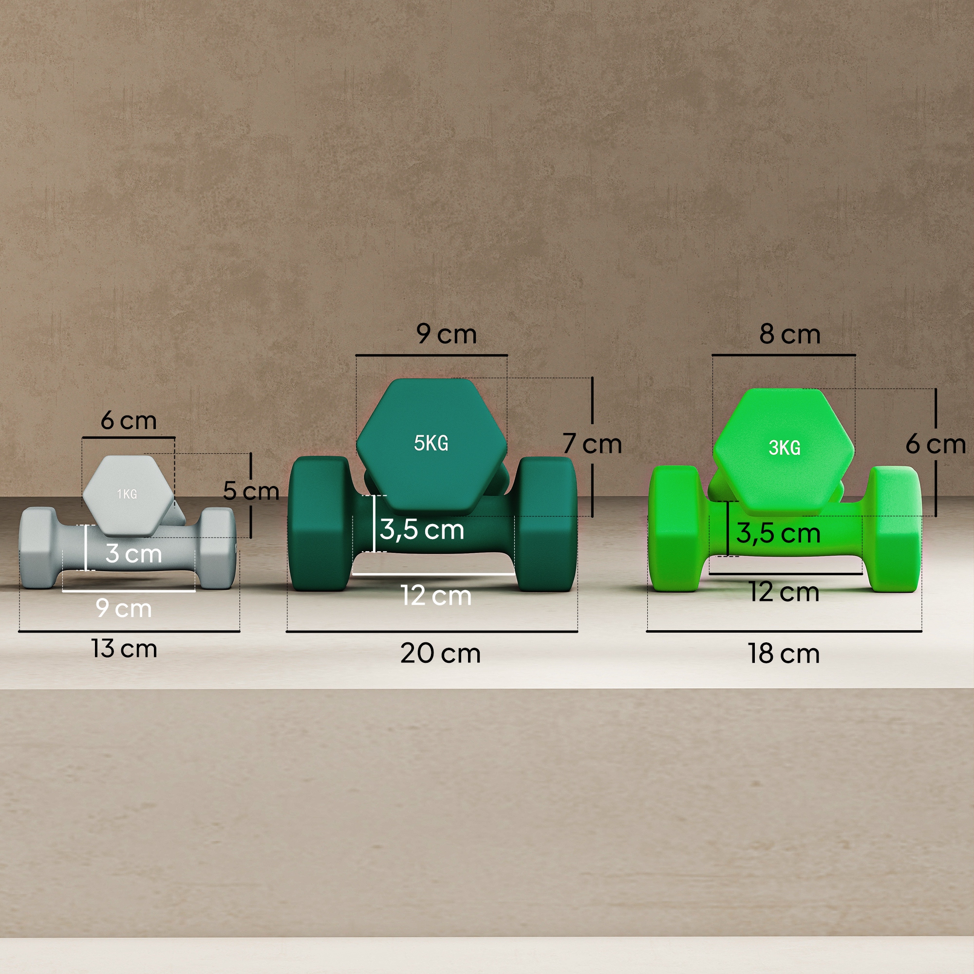 Hantelset mit Aufbewahrungsgestell, Set mit 6 Hanteln für Fitness-Training, 2 x 1kg, 2 x 3kg, 2 x 5kg