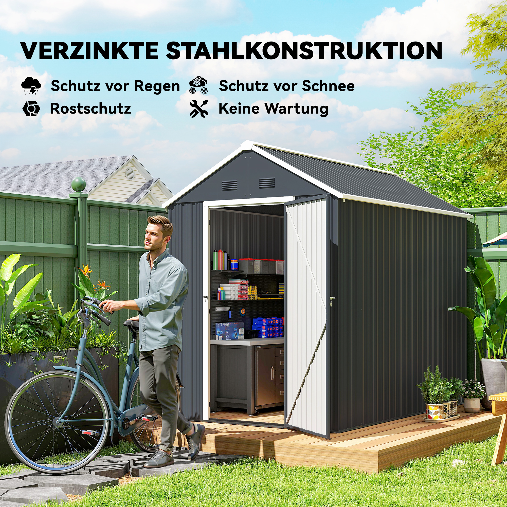 Gartenschuppen, Metallgerätehaus, Doppeltür, Fenster, 259x172x222 cm, Grau/Weiß