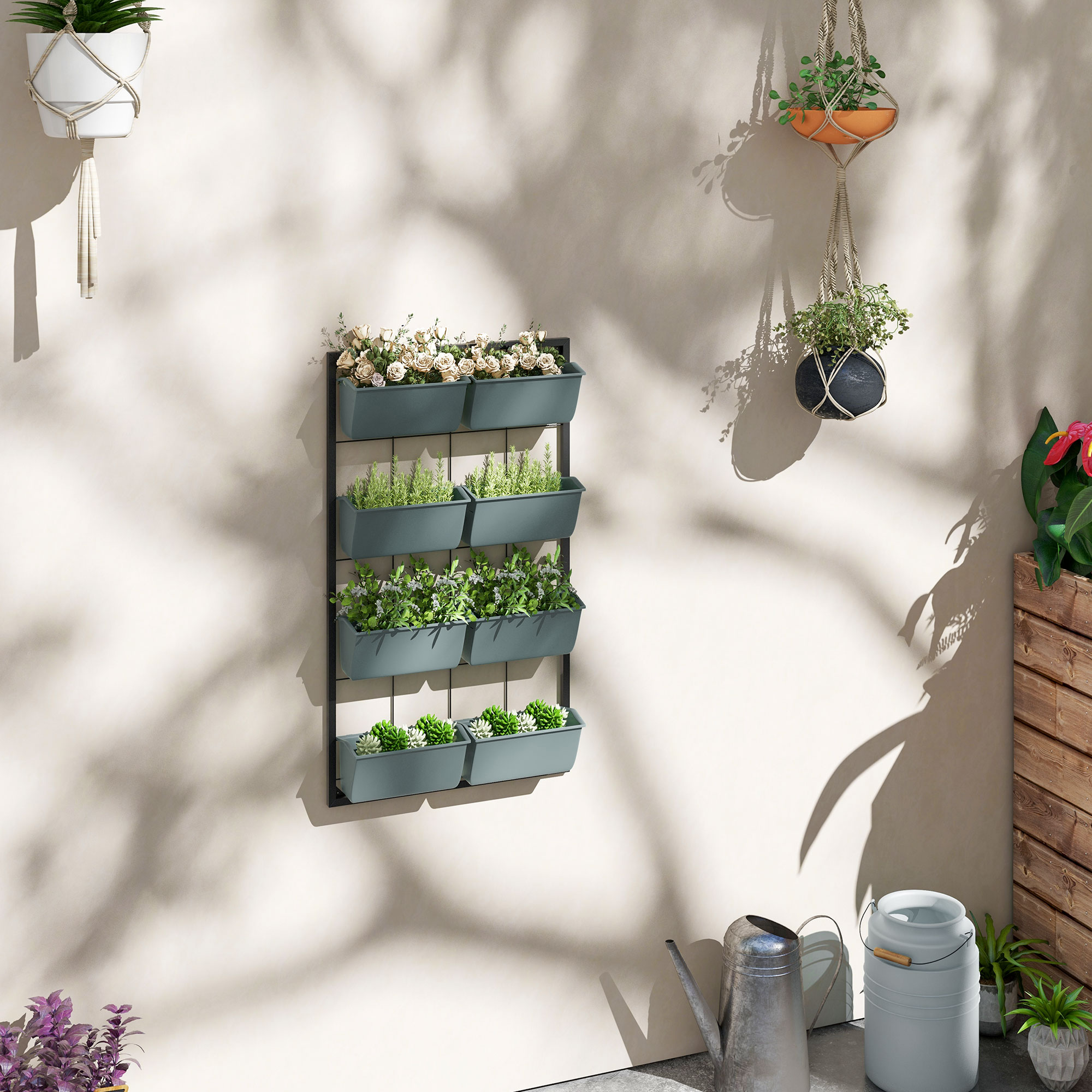 Pflanzentreppe Blumentreppe  8 Pflanzkästen, stapelbar, wetterbeständig, 52,5 x 14 x 90 cm, Grau + Schwarz