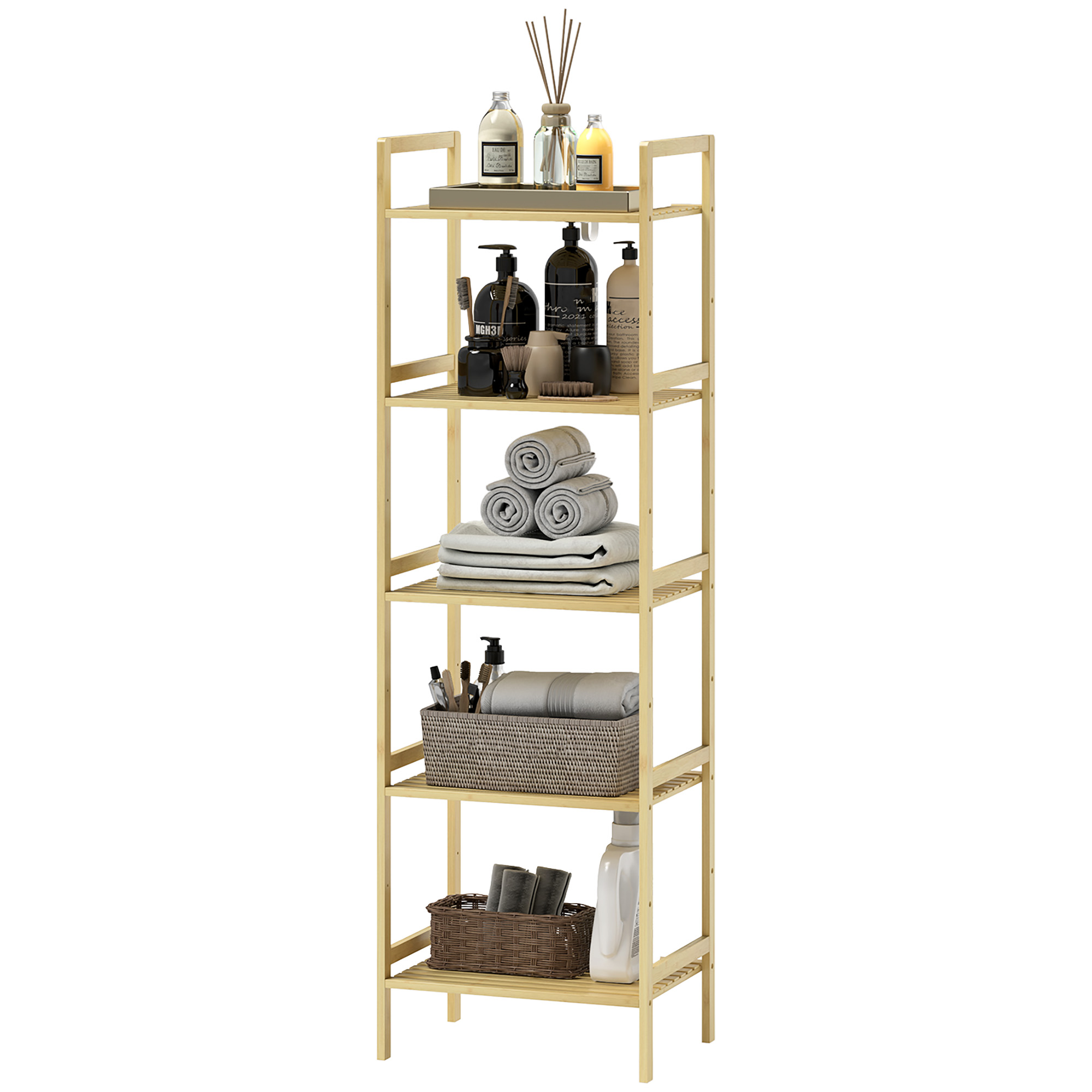 Bambus-Badezimmerregal mit 5 Ebenen, Aufbewahrungsregal mit verstellbaren Regalböden, 43,5 x 31,5 x 142 cm, Naturholz Bambus-Badezimmerregal mit 5 Ebenen, Aufbewahrungsregal mit verstellbaren Regalböden, 43,5 x 31,5 x 142 cm, Naturholz