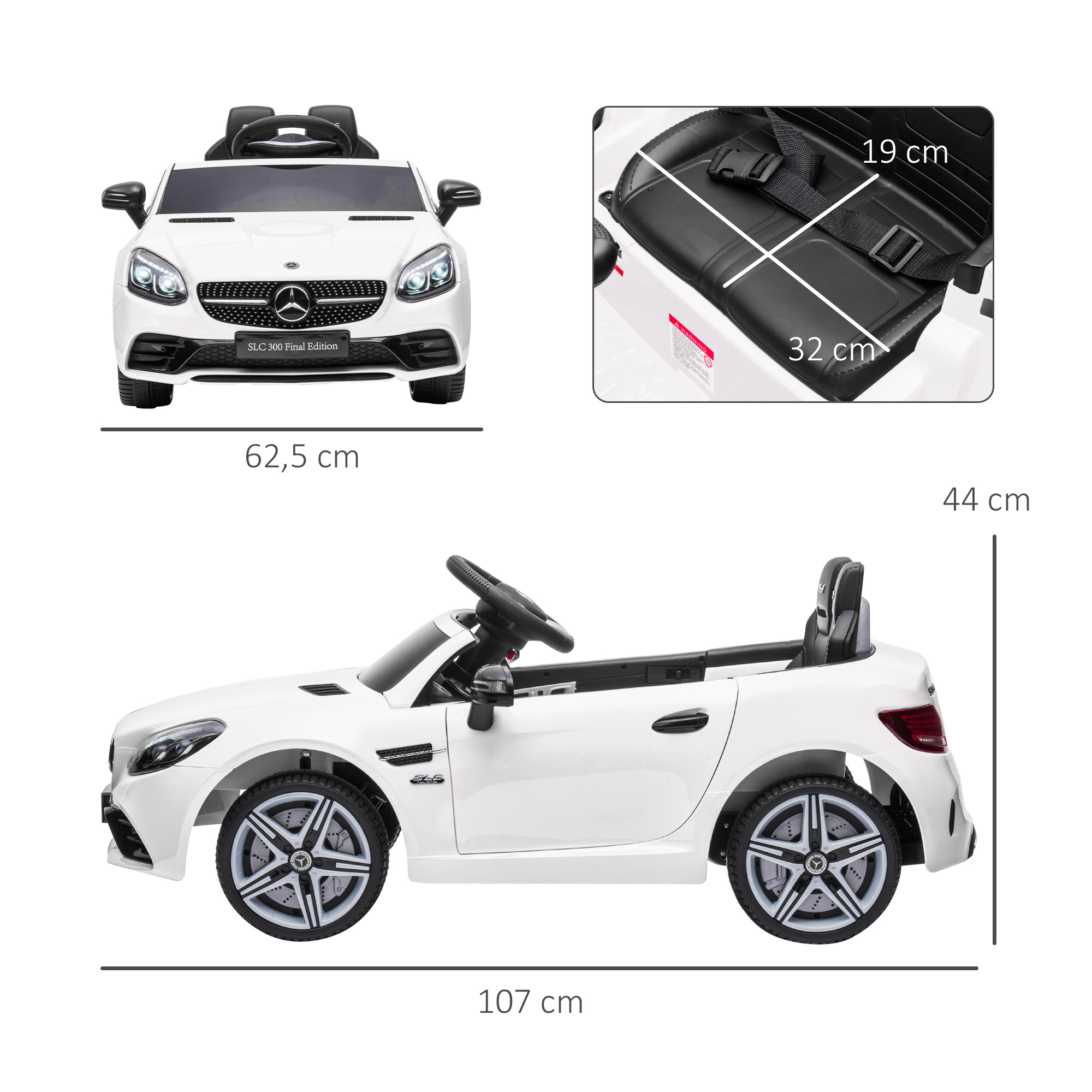 Kinder-Elektroauto, mit LED-Scheinwerfern, Sicherheitsgurt, Hupe, Musik, 3 bis 5 km/h, weiß, 107 x 62,5 x 44cm
