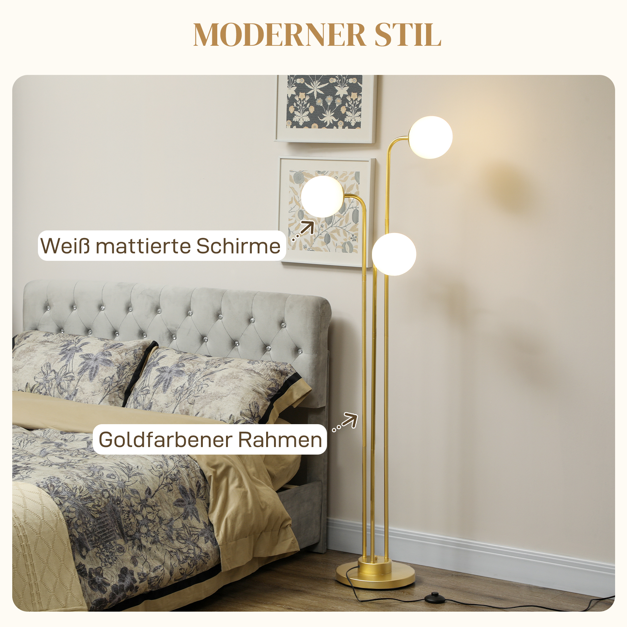 Moderne Stehlampe mit 3 Lampenschirmen, mit Fußschalter, für Wohnzimmer, Schlafzimmer, 3 x E27-Fassung, Goldton