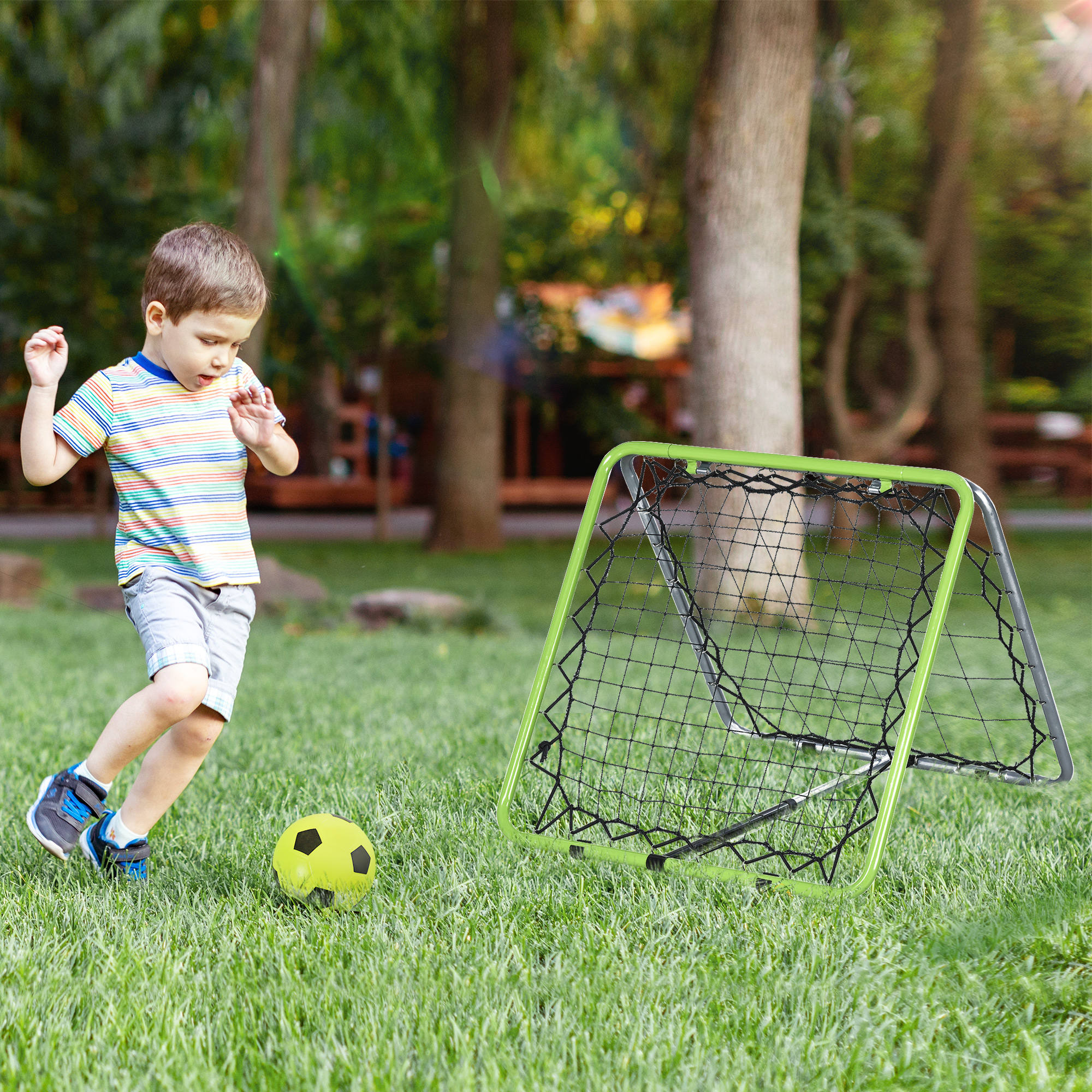 Fußball Rebounder Kickback Tor Rückprallwand Netz für Baseball Basketball beidseitiger Rückprall Verstellbar in 5 Stufen Metall Grün+Schwarz 75 x 75 x 64 cm