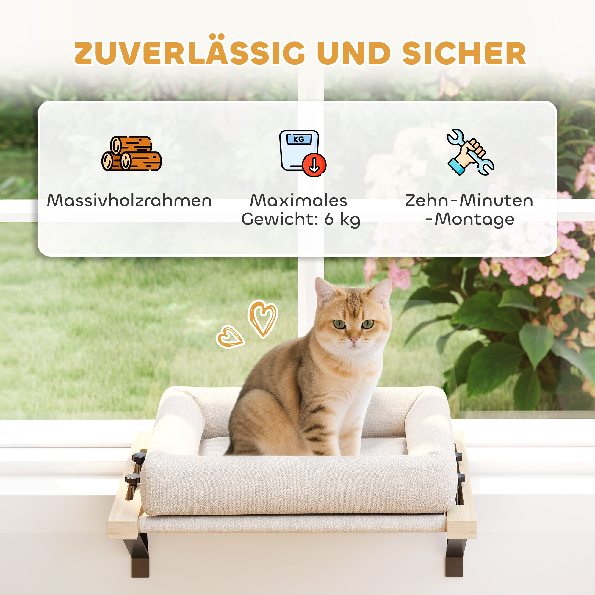 Katzenhaus mit Halterung für Fensterbänke und Heizungen, Kissen, Holzrahmen, Weiß