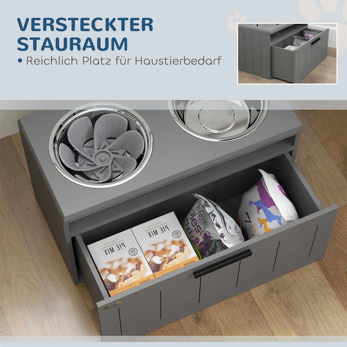 Futterstation für große Hunde, mit 2 Edelstahlnäpfen, Schublade, Futterspender für Haustiere, MDF, Stahl, Grau