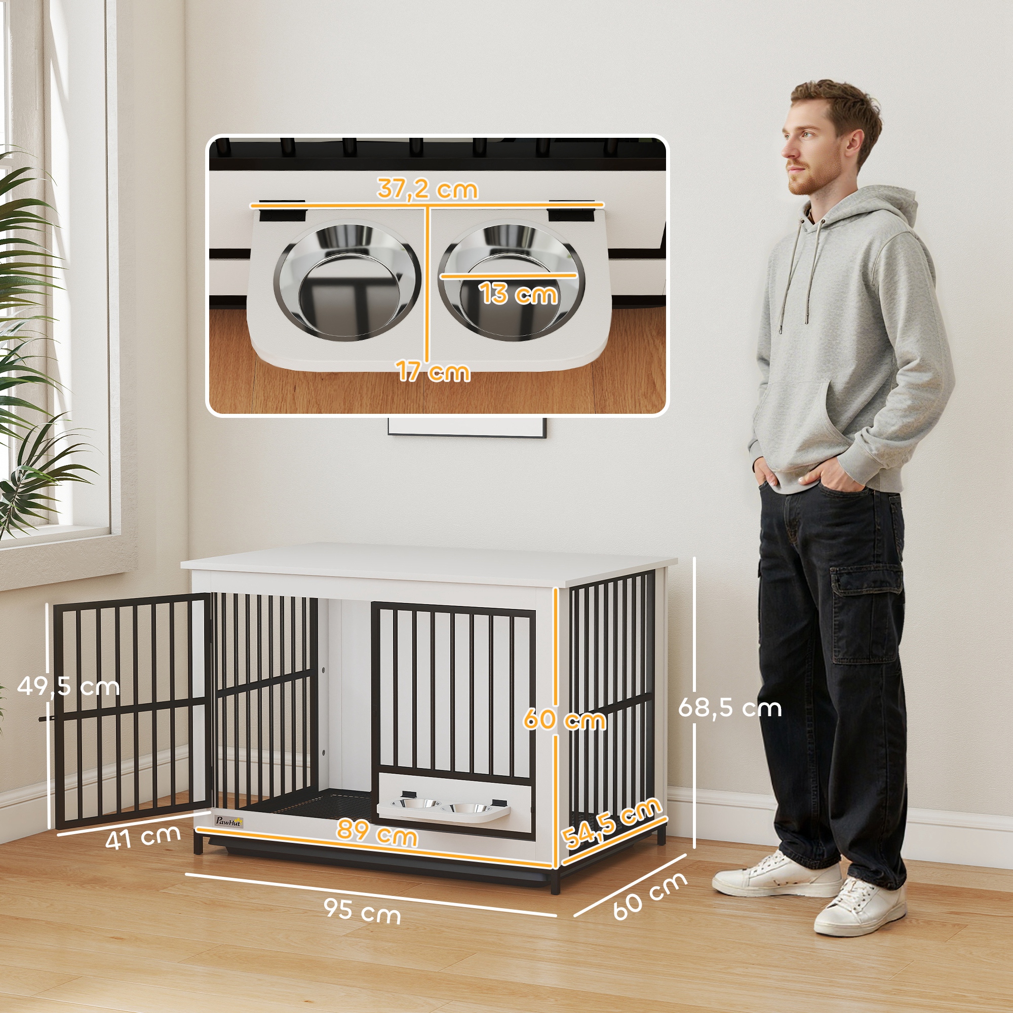 Große Hundebox, einfacher Zugang, verschließbar, drehbarer Schüsselhalter, für kleine und große Hunde, Weiß