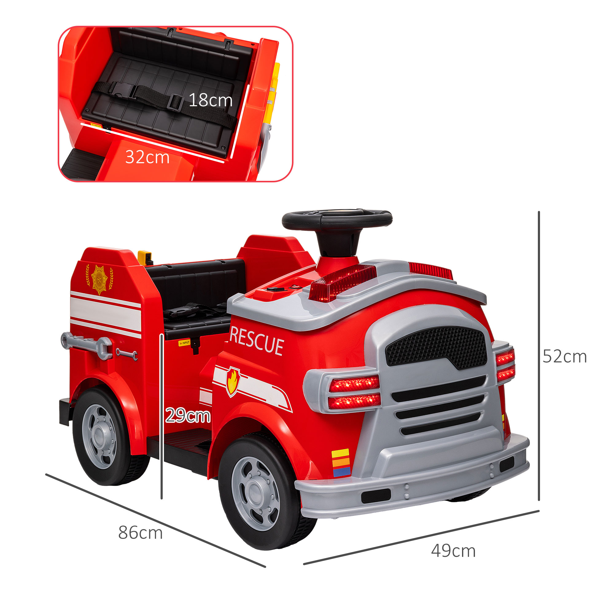 Feuerwehrauto, Elektro-Kinderauto, max, 3 km/h, Sirene, Blaulicht, Werkzeuge, für Kinder 3-5 Jahre