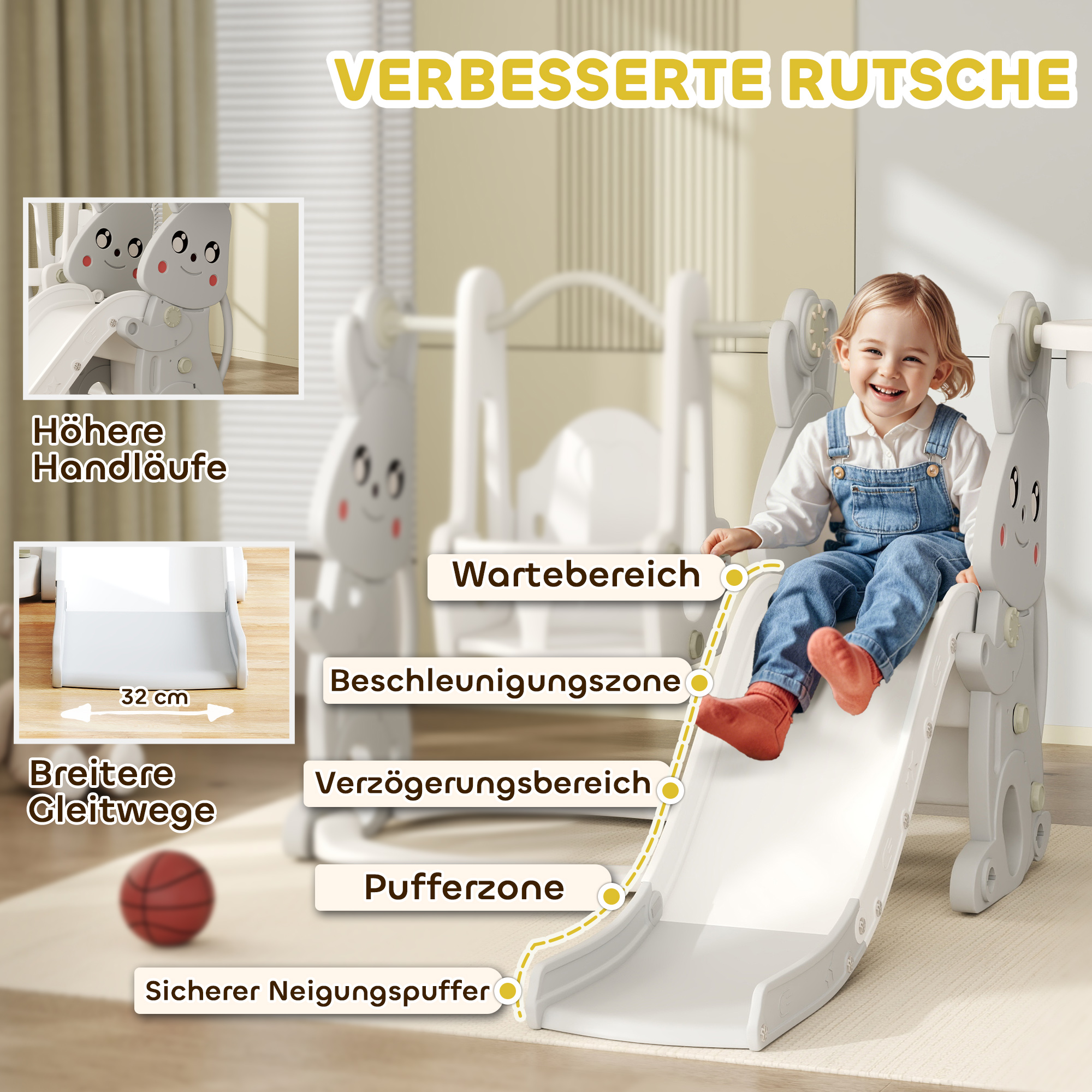 4-in-1 Spielset für Kleinkinder, Rutsche, Schaukel, Klettergerüst, Basketballkorb, Kunststoff, Hasendesign, Grau