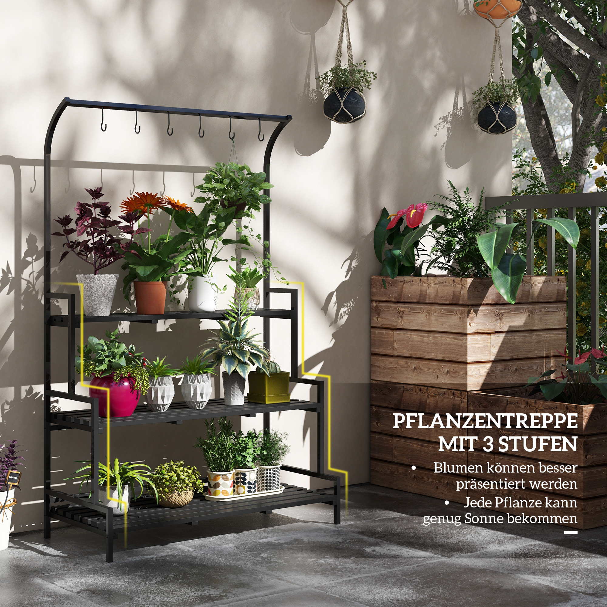 Blumenständer, 3 Etagen, 6 Haken, Indoor & Outdoor, Metallrahmen, 170H x 110L x 50B cm, Schwarz