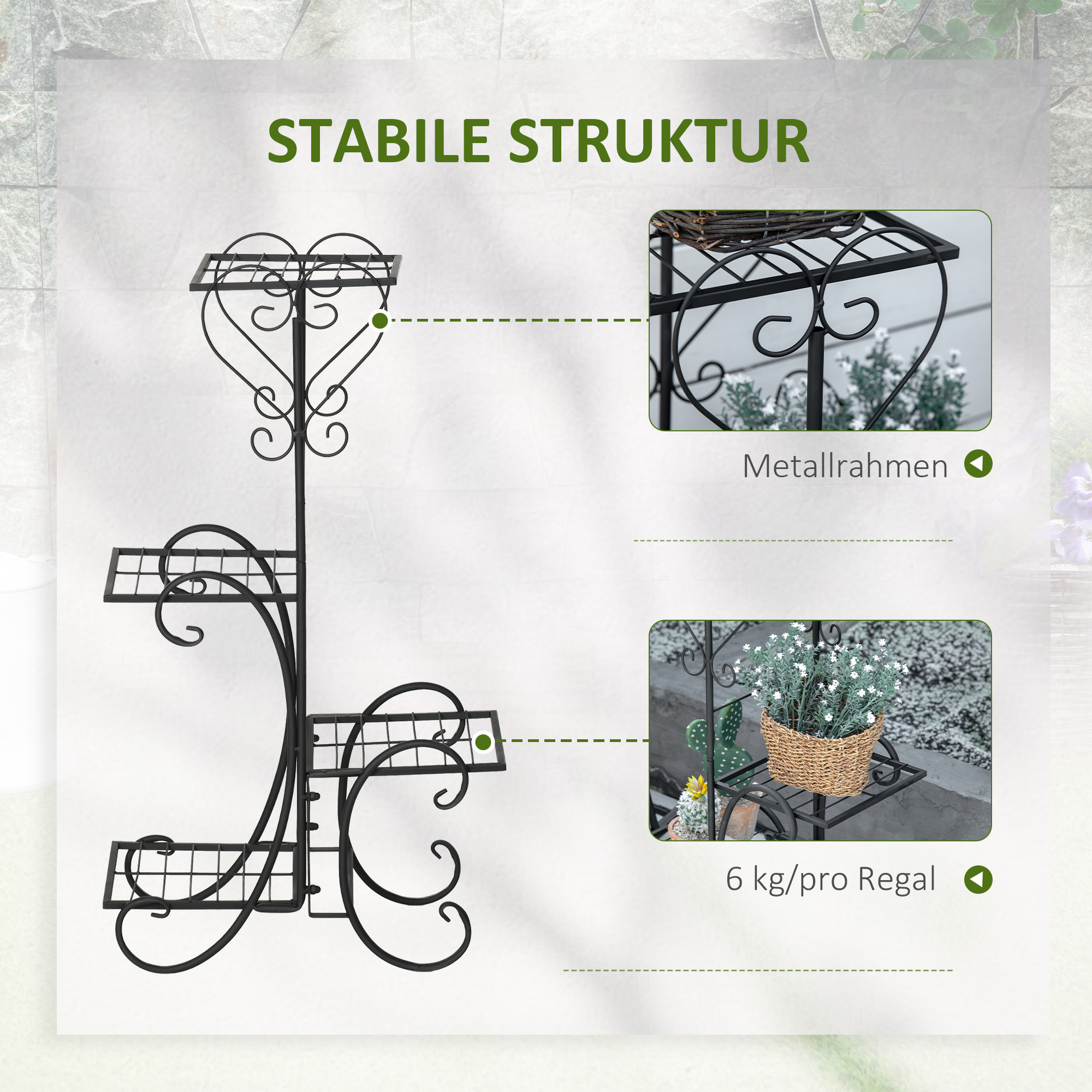 Blumenständer Blumenregal aus Metall 4 Ebenen Pflanzenregal Blumentreppe Blumenständer für innen und außen Garten Balkon Schwarz 45 x 24,5 x 80 cm