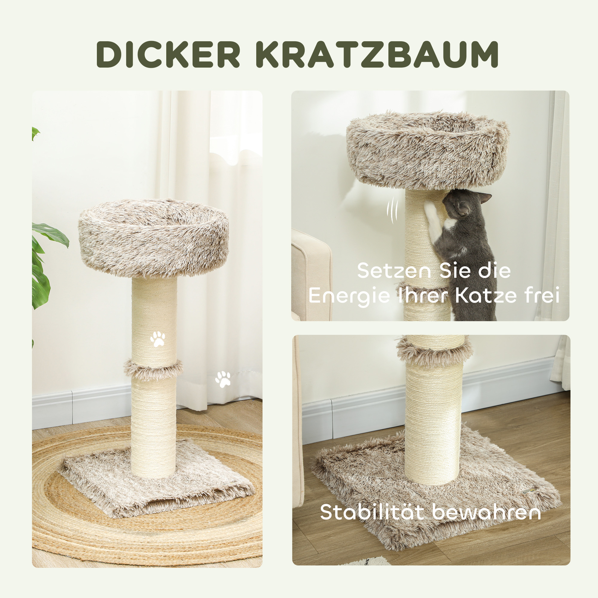 Katzenbaum, 87 cm, Katzenturm mit dickem Kratzpfosten, Plüschbett, für den Innenbereich, trägt bis zu 6 kg, Braun