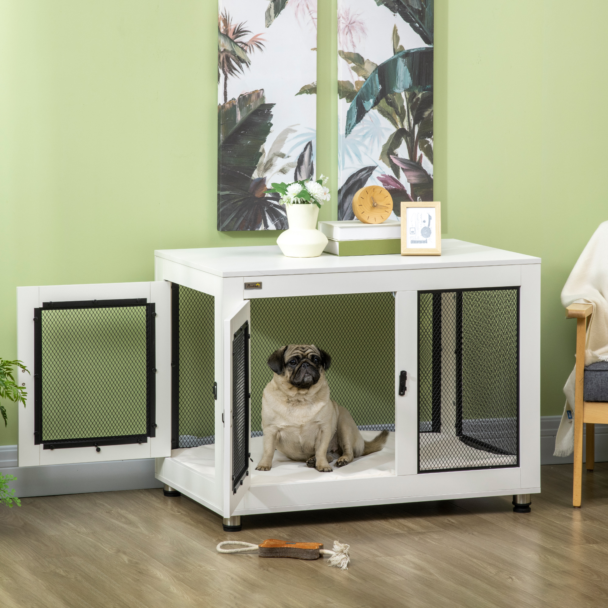 Hundebox, inkl, weicher Matte, 2 Türen, 2 Türen, verriegelbar, Stahl, Weiß, 94 x 60 x 71,5 cm