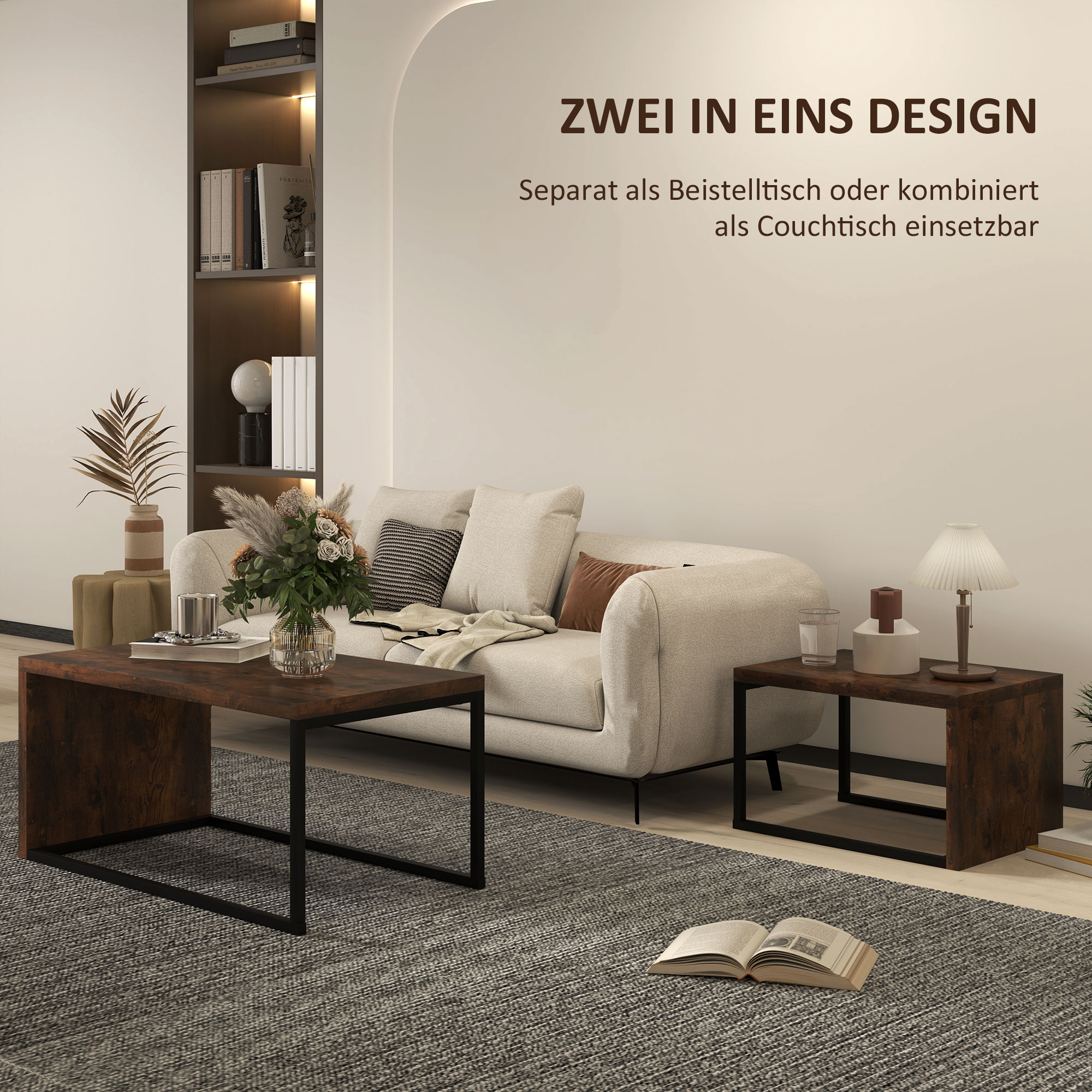 2er-Set Couchtisch, Sofatisch, Beistelltisch, MDF, Metall, 90 x 48 x 42 cm/59 x 42 x 36 cm, Schwarz+Braun