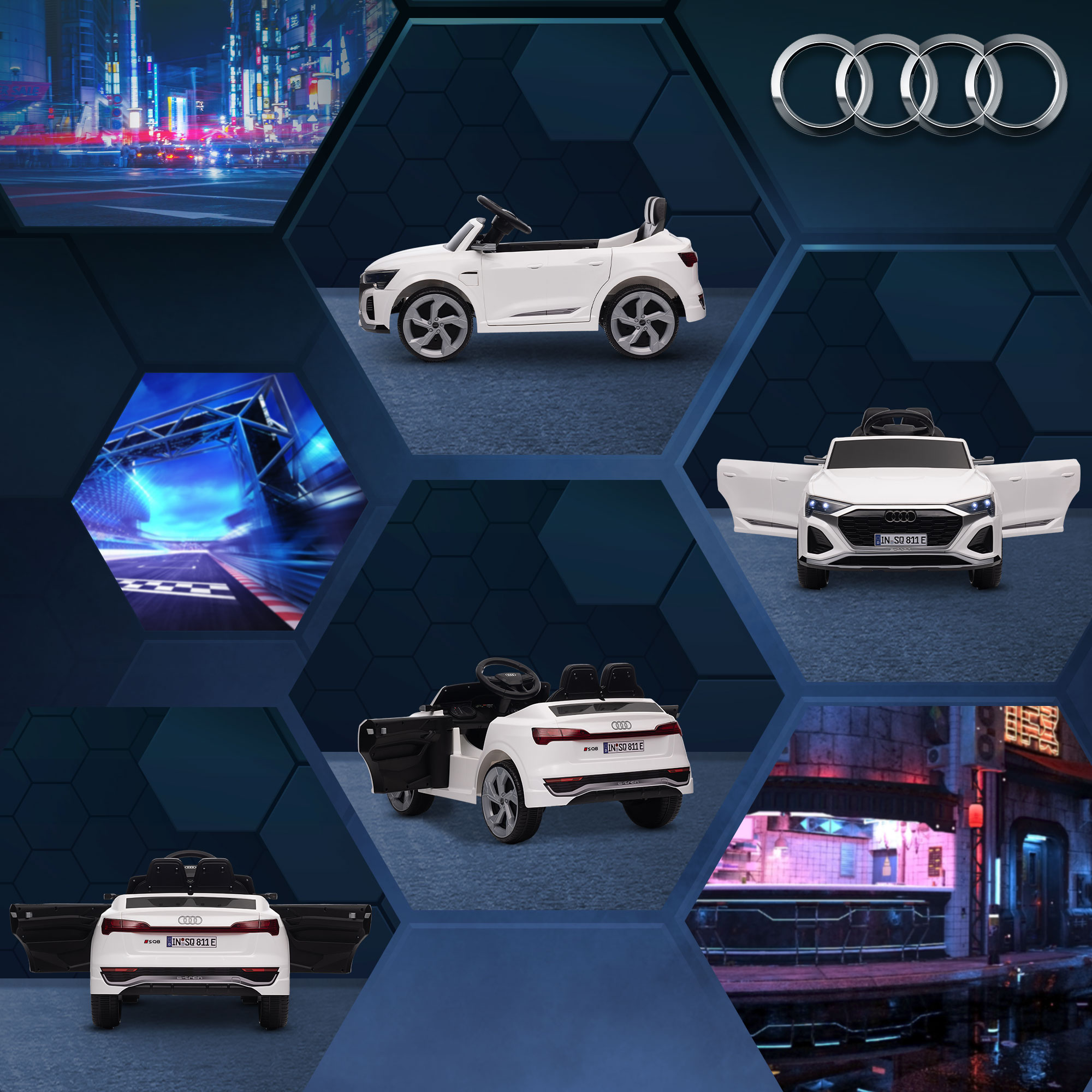 Elektro-Kinderauto, 12V Audi Q8, 3-5 km/h, Fernsteuerung, Scheinwerfer, Musik, Weiß