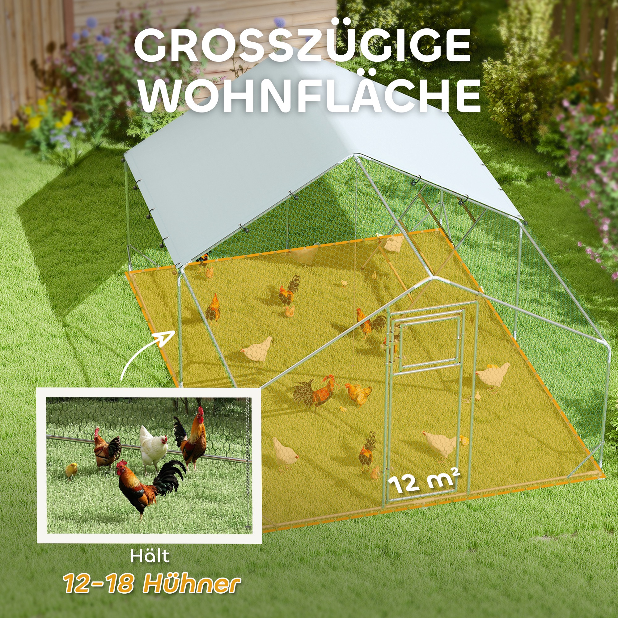 Hühnerstall, Freilaufgehege für Hühner, mit UV-beständiger Plane, Stahlgitter, Futterautomat, für 12-18 Hühner