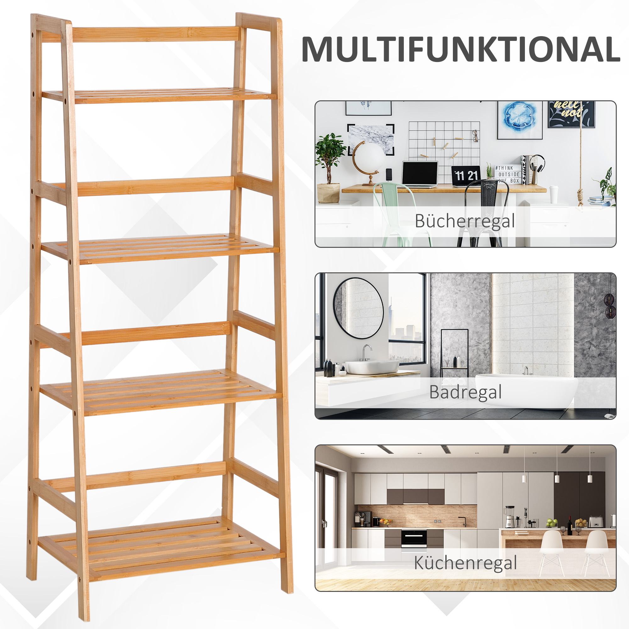 Bücherregal, 4 Ebenen, Leiterdesign, Bambusholz, Natur