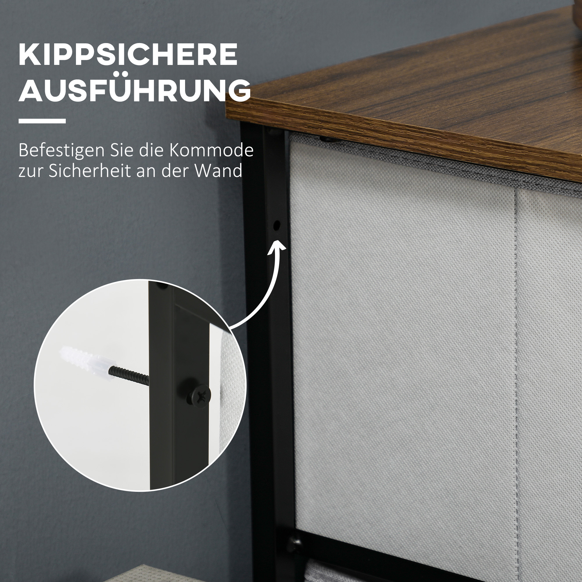 Kommode mit 8 Stoffschubladen, Metallrahmen, Ablage, 80x30x81,5 cm, Grau/Schwarz