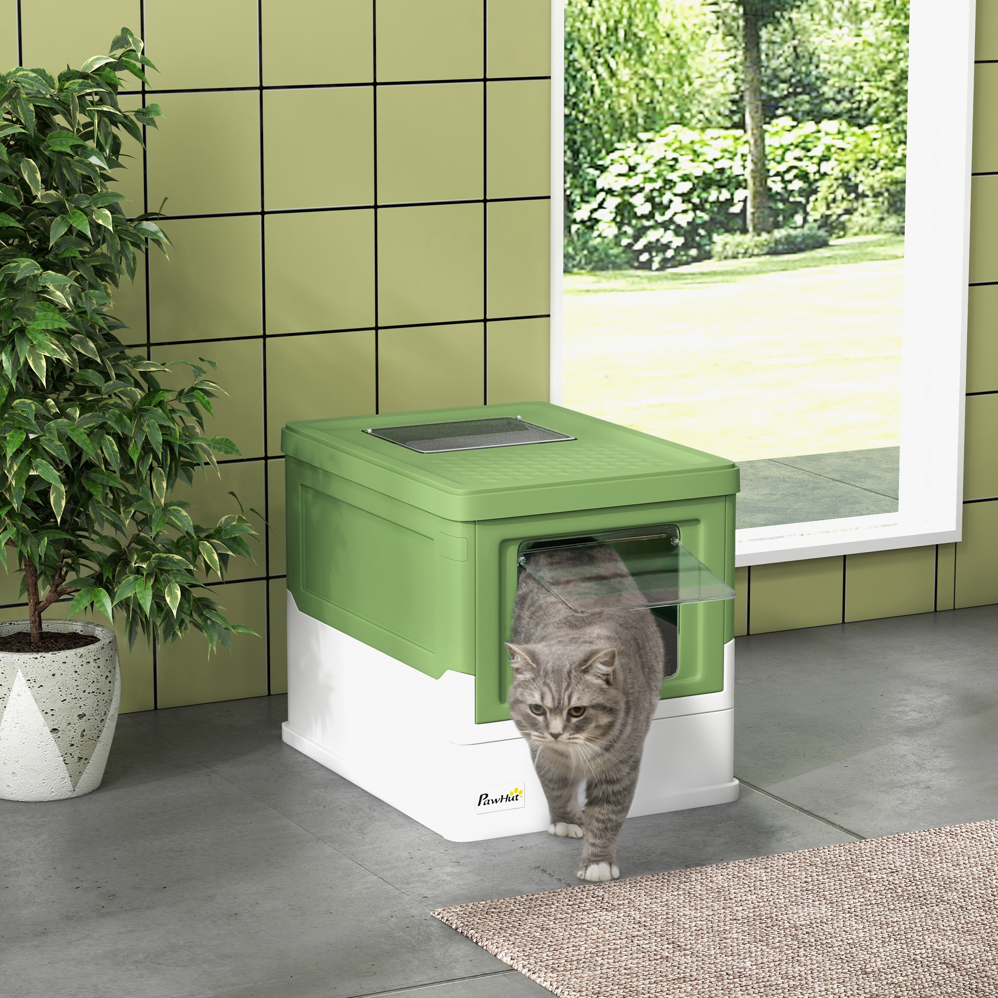 Katzentoilette, klappbar, 2 Türen, Streuschaufel, 47,5x35,5x36,7cm, Weiß/Grün