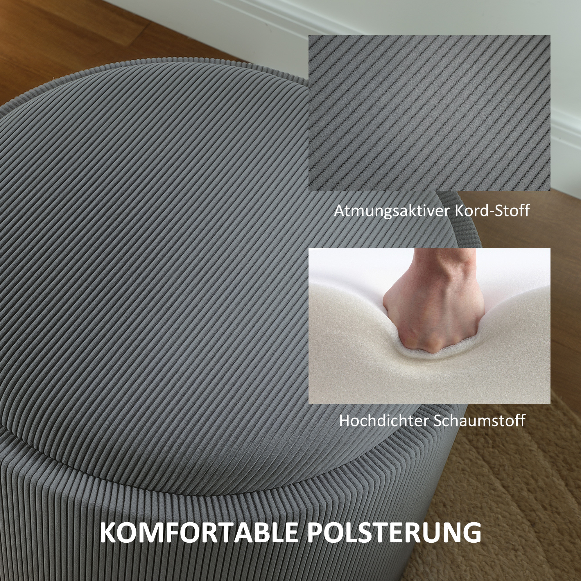 Aufbewahrungshocker mit Stauraum, rund, Fußstütze, Cordstoff, MDf, Grau