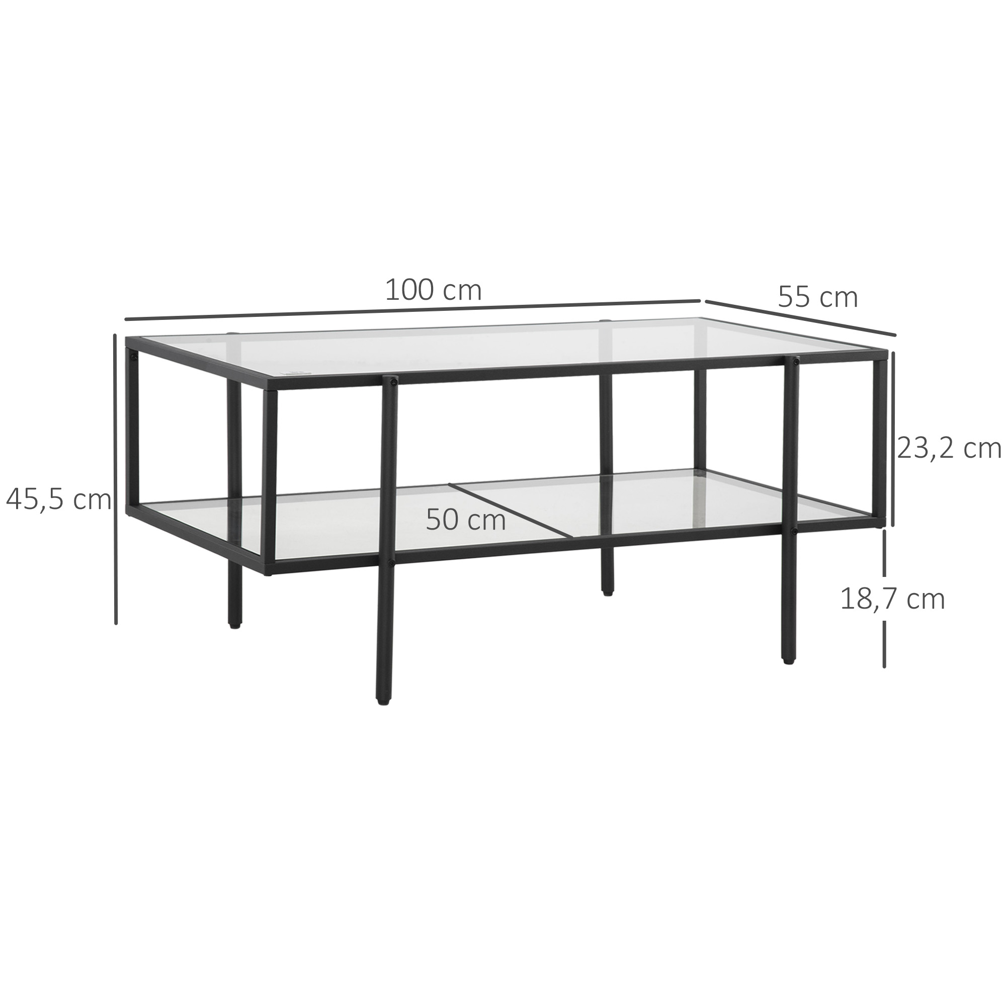 Couchtisch mit Ablage, verstellbare Füße, Stahlrahmen, Glasplatte, 100 x 55 x 45,5 cm, Weiß