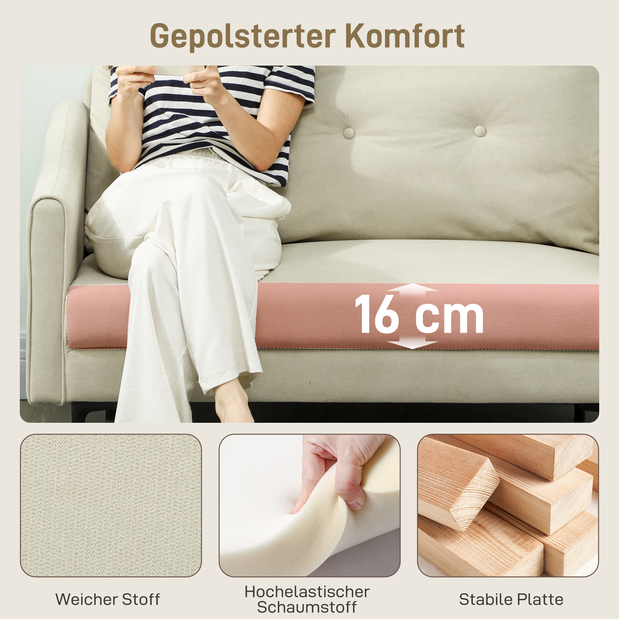 2-Sitzer-Sofa mit Schaumstoff-Polsterung und Stoffbezug, für Wohnzimmer, Schlafzimmer, Metallrahmen, Cremeweiß