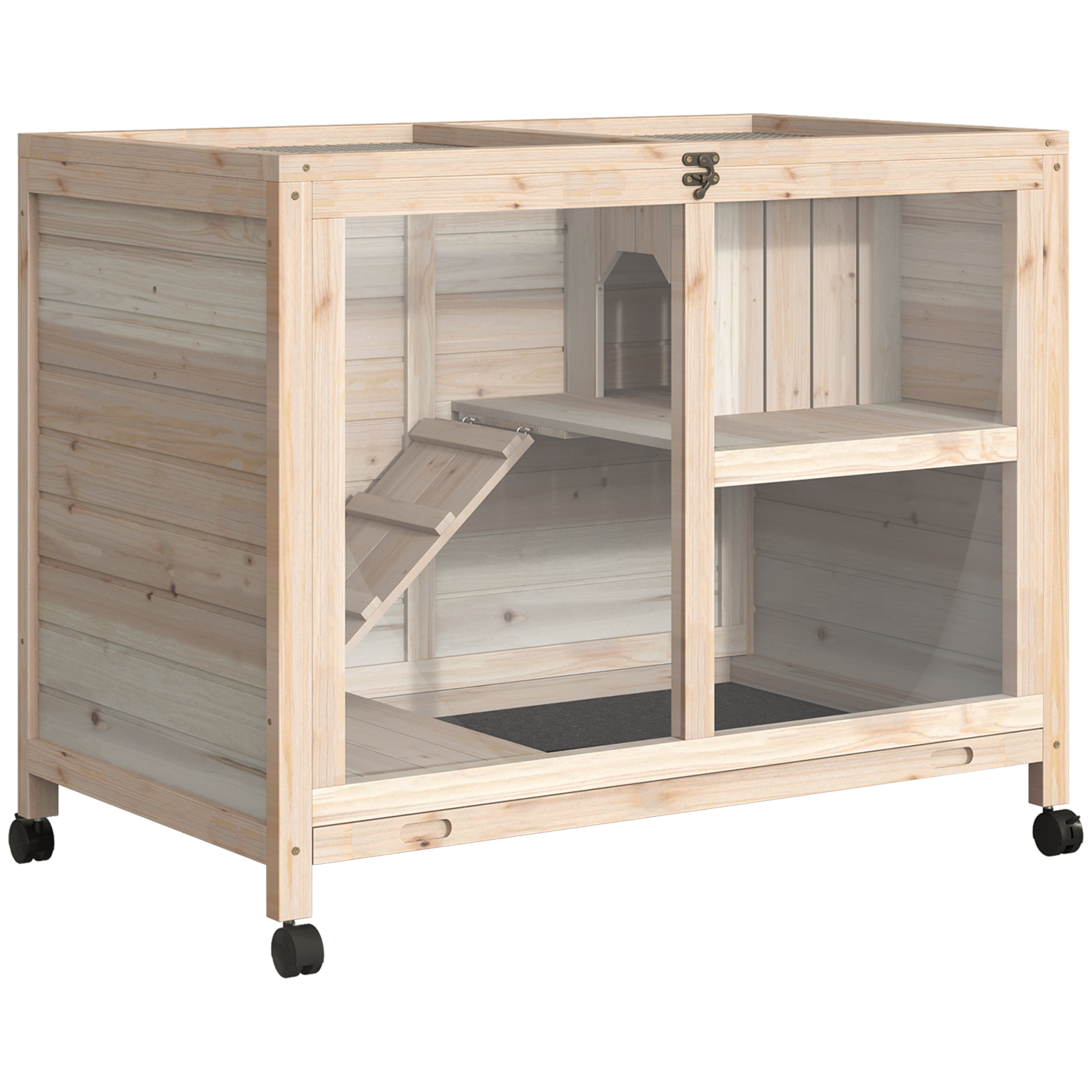 Kleintierstall mit 2 Ebenen 4 Rollen versiegeltes Tannenholz Natur Kleintierstall mit 2 Ebenen 4 Rollen versiegeltes Tannenholz Natur