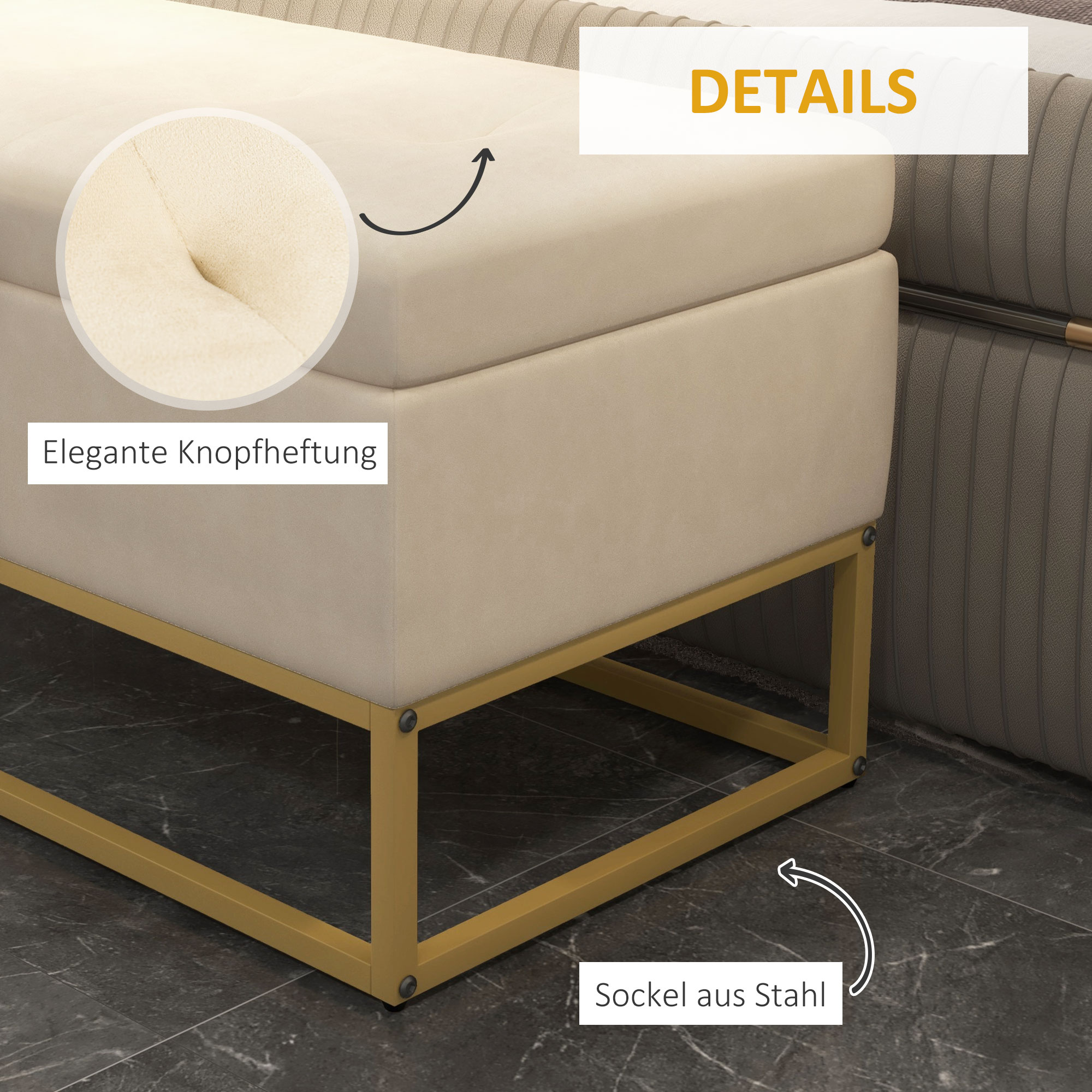 Sitzbank mit Stauraum, dekorative Knopfheftung, Flanelloptik, goldfarbene Stahlbeine, 110 x 47 x 46,5 cm