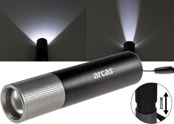 LED-Taschenlampe ARCAS mit Akku 3W, 300lm, Zoom