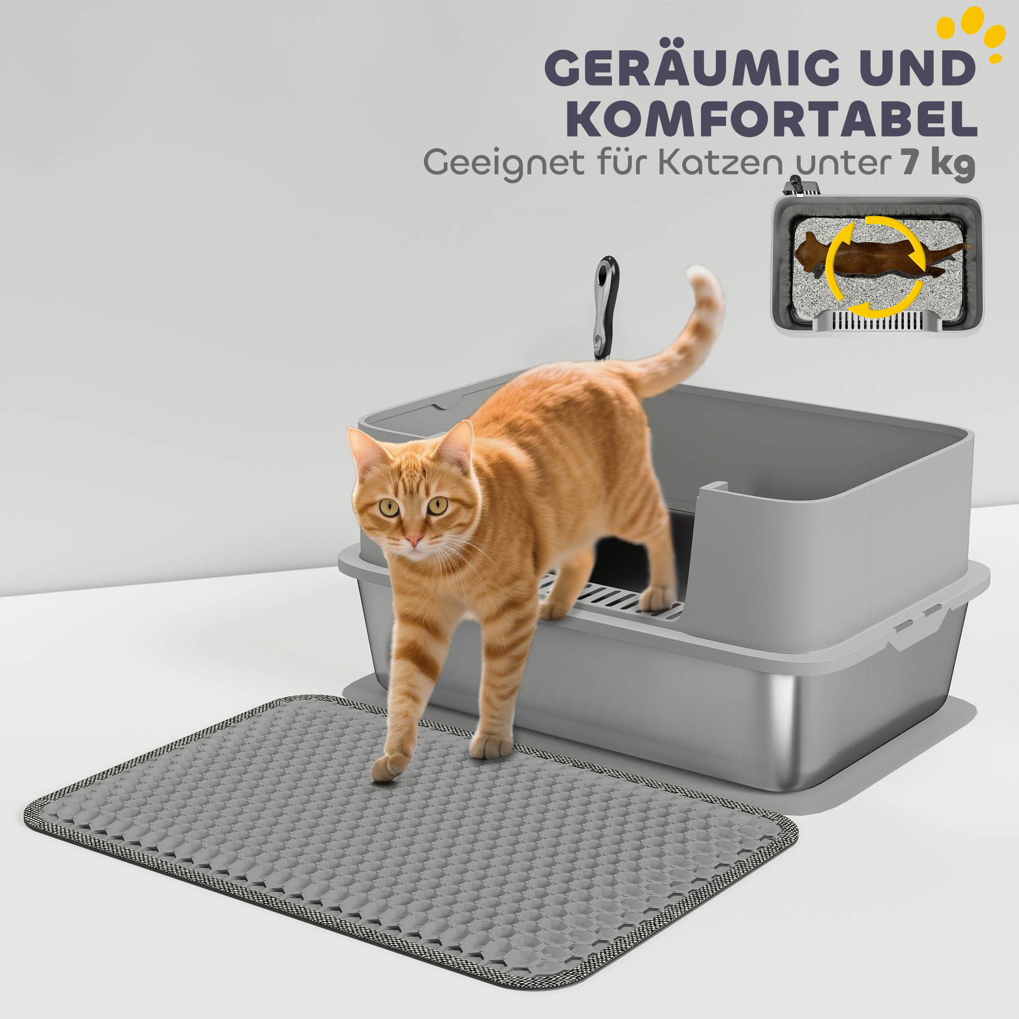 Katzentoilette Edelstahl Offene Katzenklo mit Schaufel hohem Rand Matte für Katzen bis 7 kg 60,2 x 40,2 x 29,5 cm, Grau