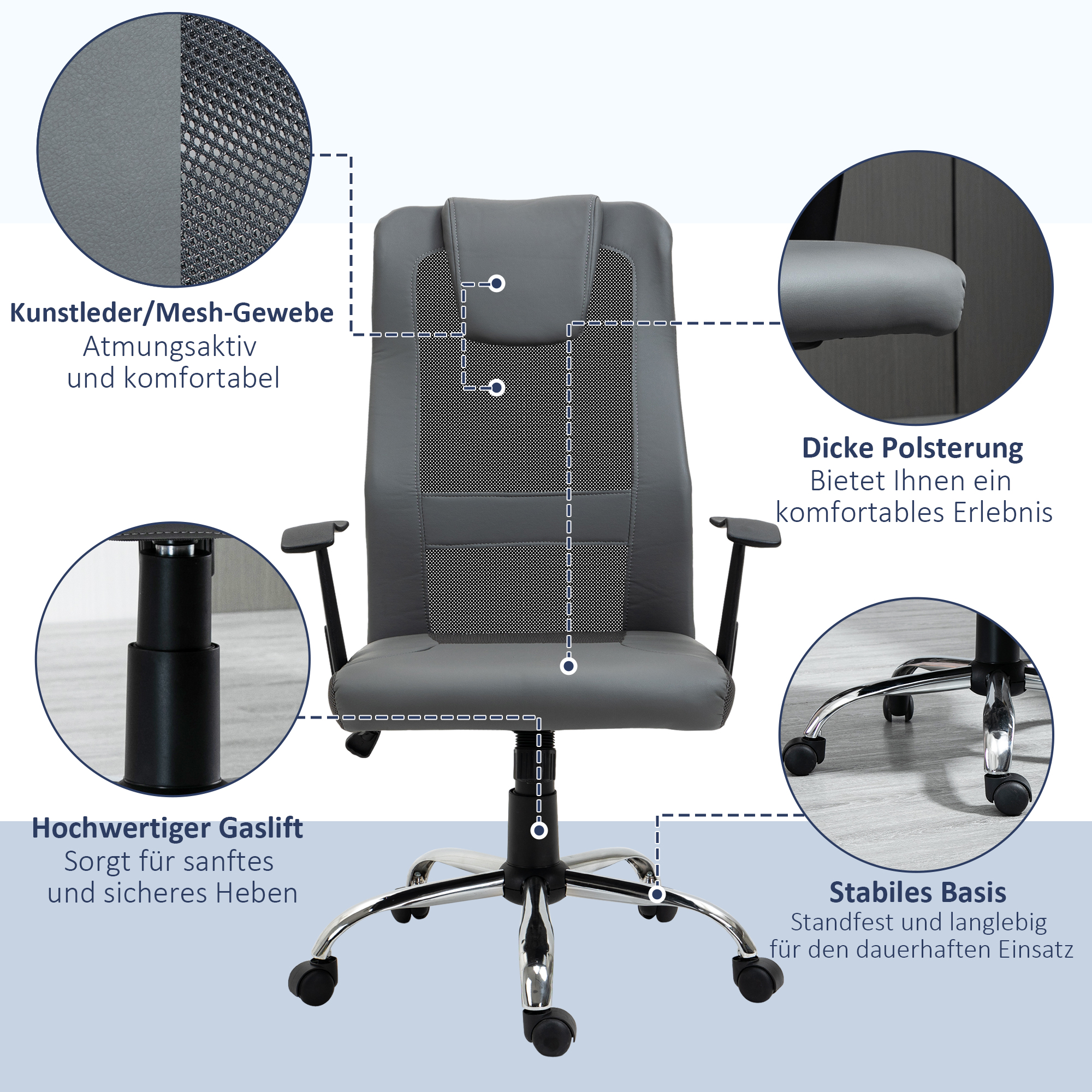 Bürostuhl Drehstuhl höhenverstellbar Chefsessel Schreibtischstuhl ergonomisch Kunstleder Grau 66 x 73 x 108-118 cm