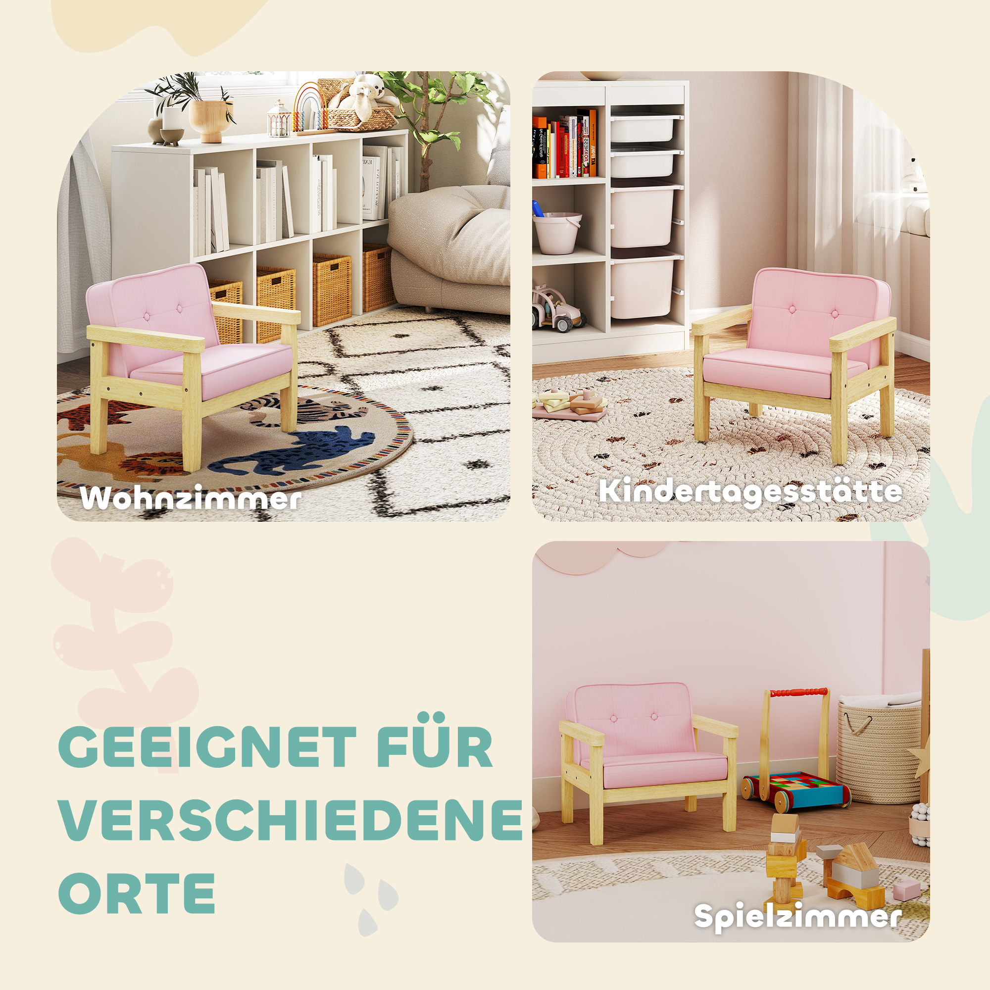 Kindersessel Kindersofa mit Kord-Optik, massiven Holzfüßen Sessel aus Schaumstoff Kinderstuhl für Kinderzimmer, Spielzimmer, 46,5 x 44 x 45 cm, für Kinder 3-8 Jahre Rosa