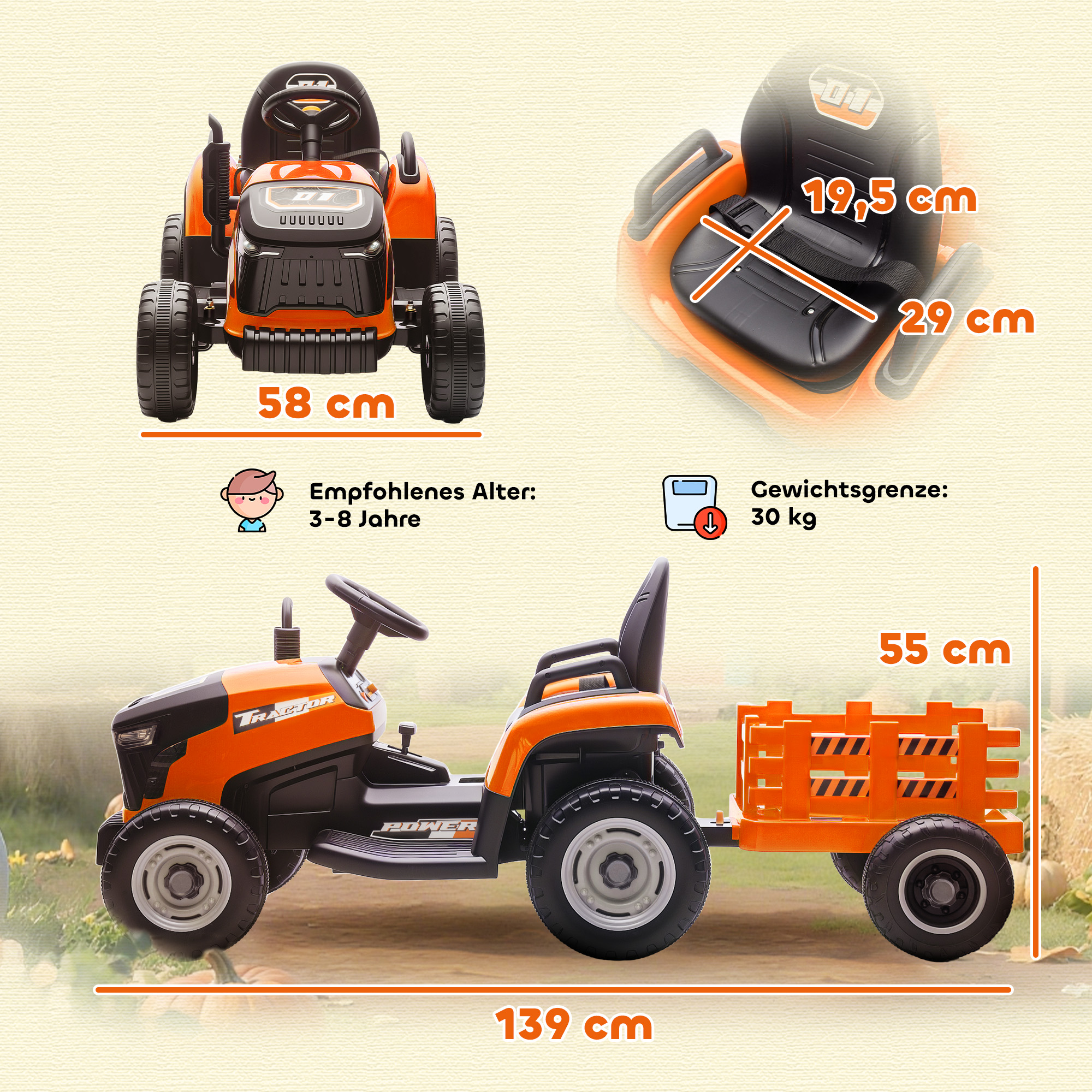 Elektrischer Kindertraktor, Aufsitz-Traktor mit Fernbedienung, Soft-Start, für Kinder im Alter von 3-8 Jahren, Orange
