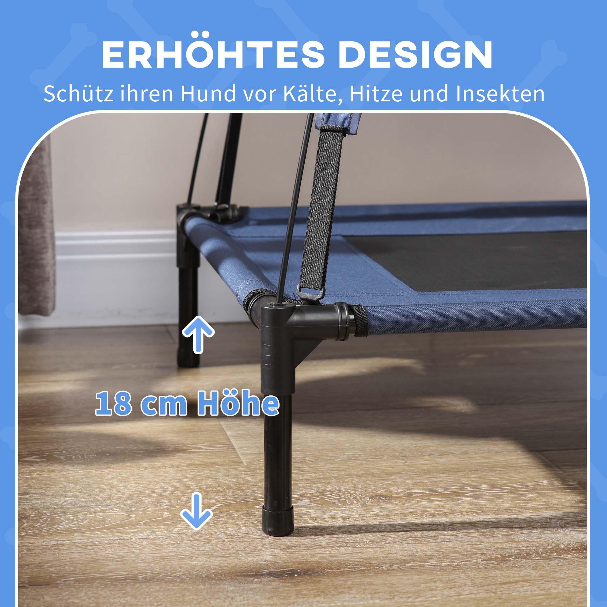 Haustierbett Outdoor-Hundebett, wetterbeständig, mit Baldachin, 61cm x 46 cm x 62 cm, Blau + Schwarz