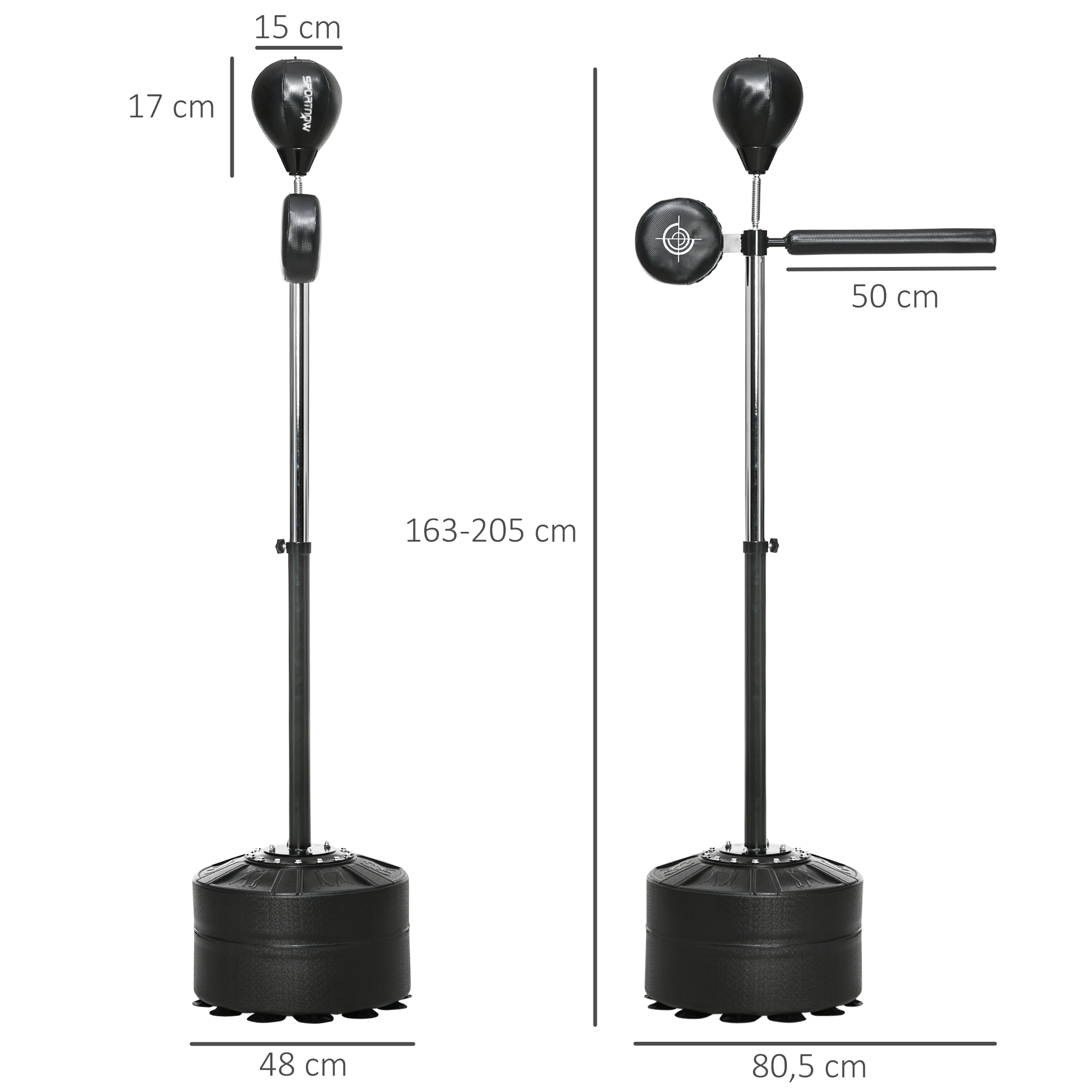 Höhenverstellbarer Punchingball, 360° drehbar, inkl, Boxbandagen, Schwarz, 80,5 x 48 x 163-205 cm