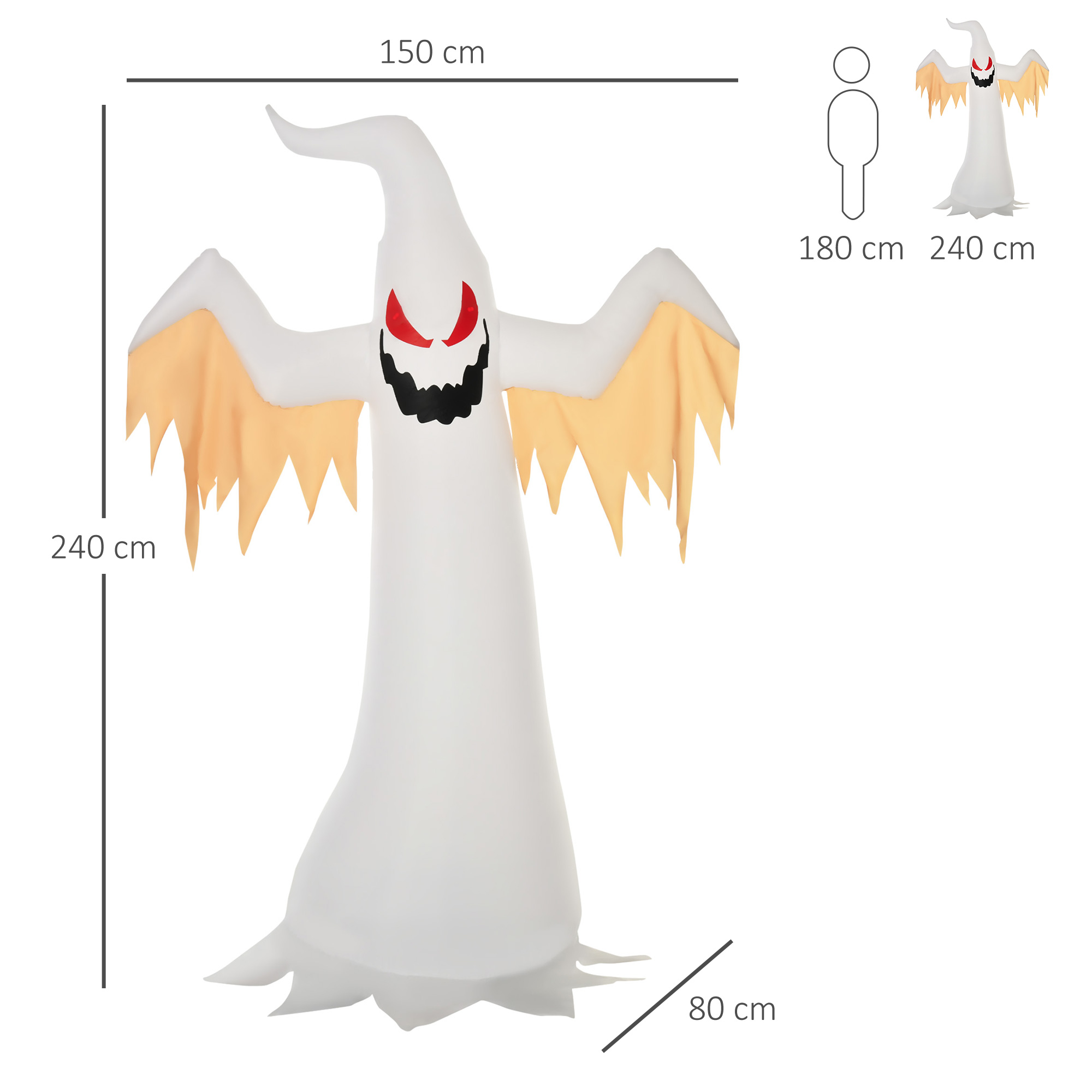 Halloween aufblasbares Gespenst 2,4 m Dekoration mit LEDs IP44 Selbstaufblasender Polyester Weiß + Rot 150 x 80 x 240 cm