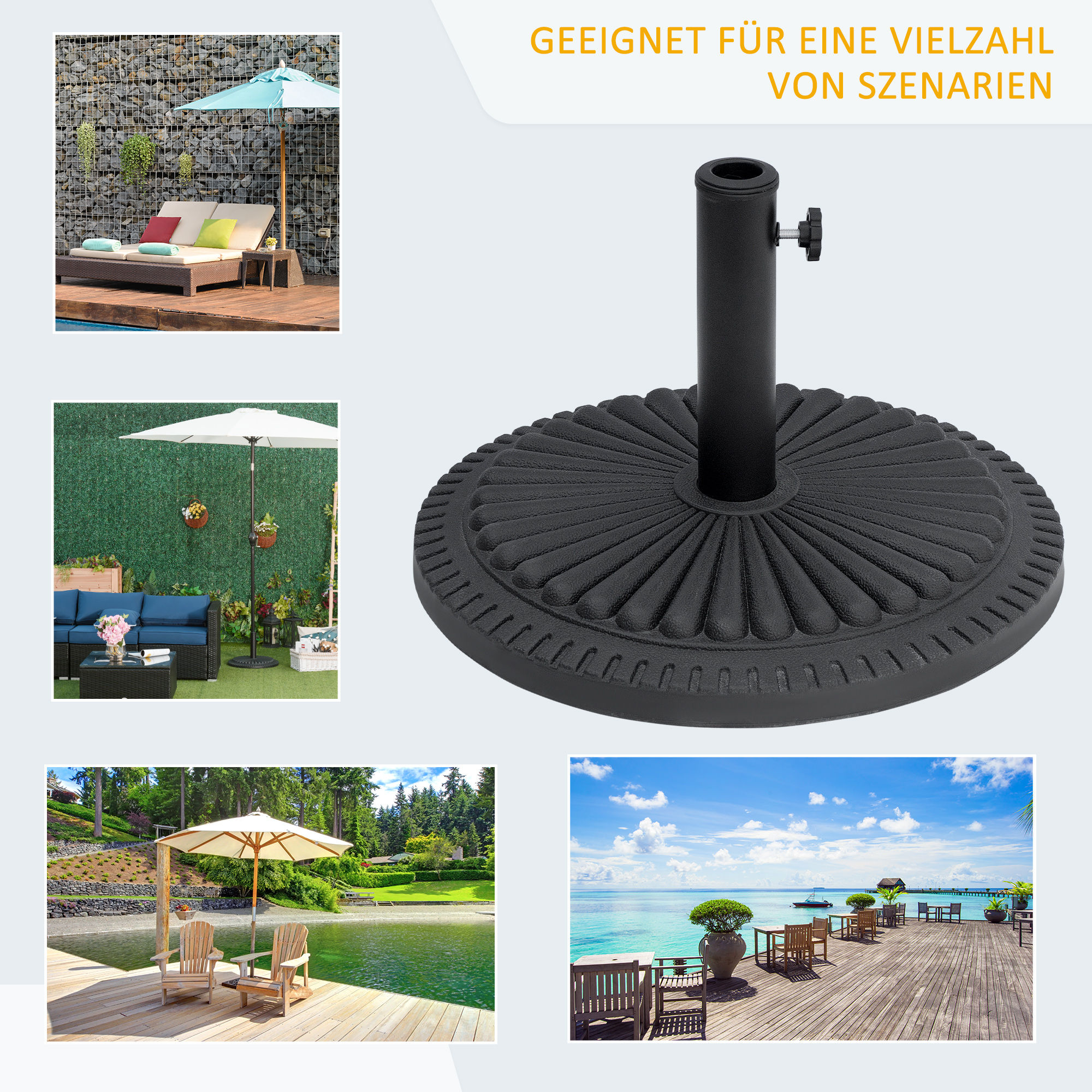Sonnenschirmständer 14  kg Schirmständer Rund Schirmhalter, Ständer Schirmgewicht für Sonnenschirm 35-48mm Rohrdurchmesser, für Balkon, Terasse, Garten, Schwarz