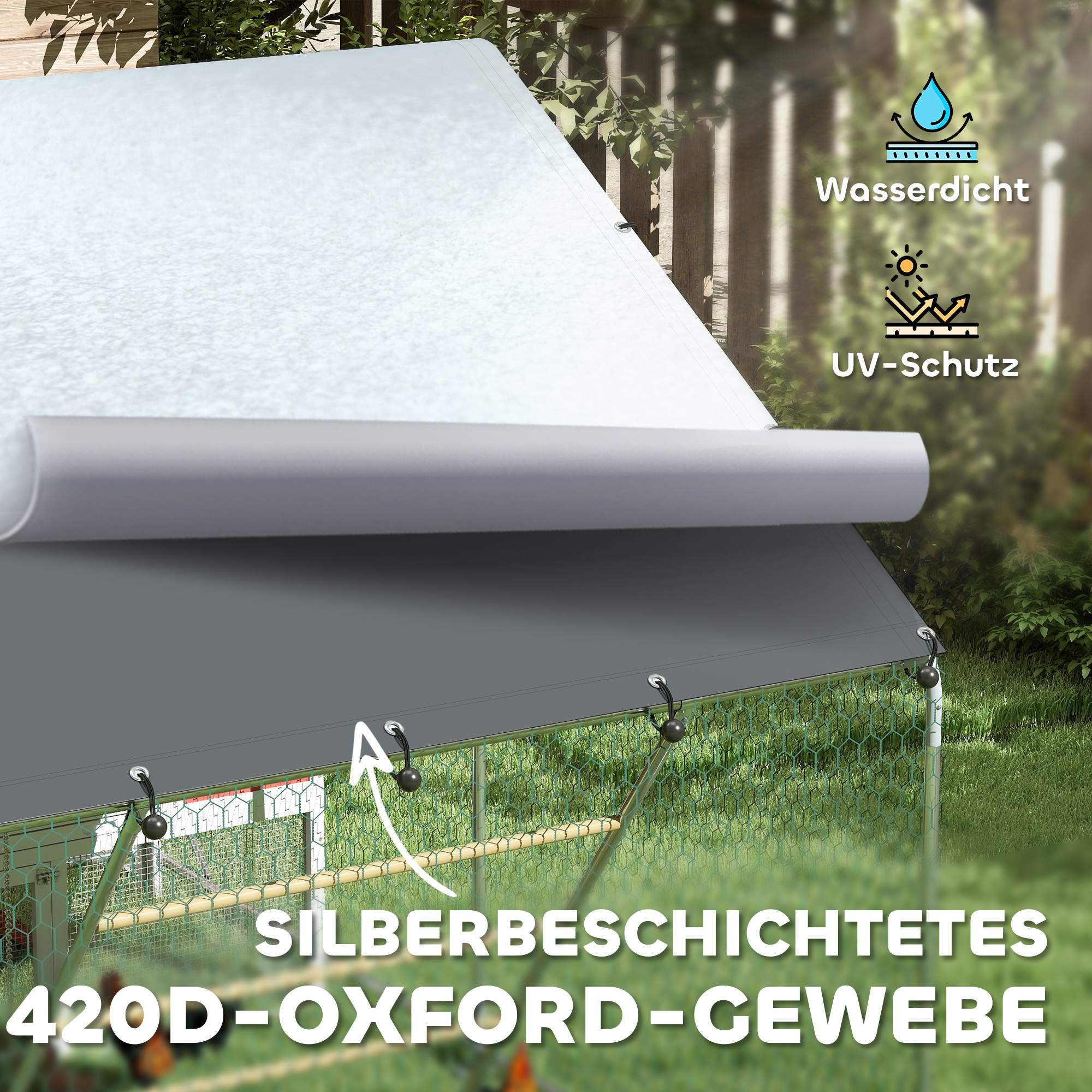 Hühnerstall, Freilaufgehege für Hühner, mit UV-beständiger Plane, Stahlgitter, Futterautomat, für 6-8 Hühner