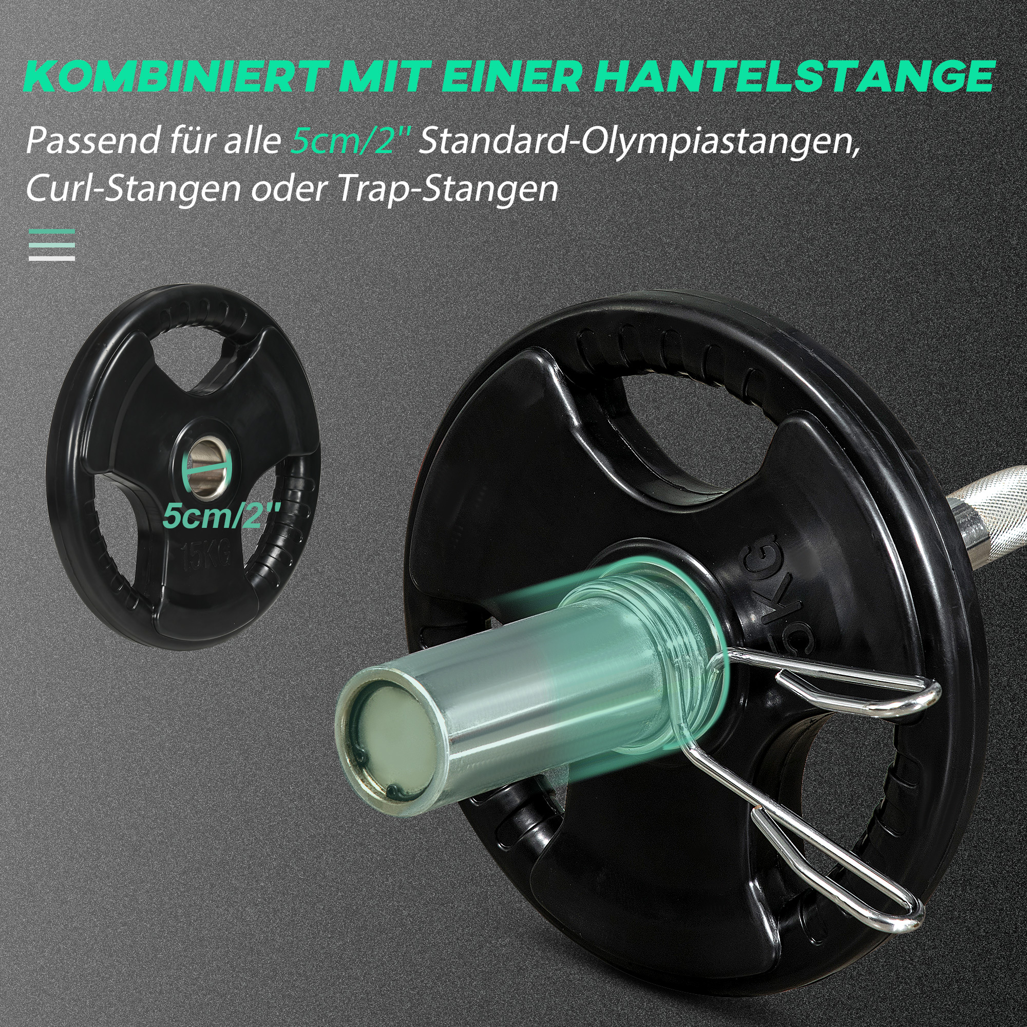 Hantelscheibe, 2er-Set, 15 kg pro Scheibe, drei Griffe, bodenschonender Gummimantel, Metall
