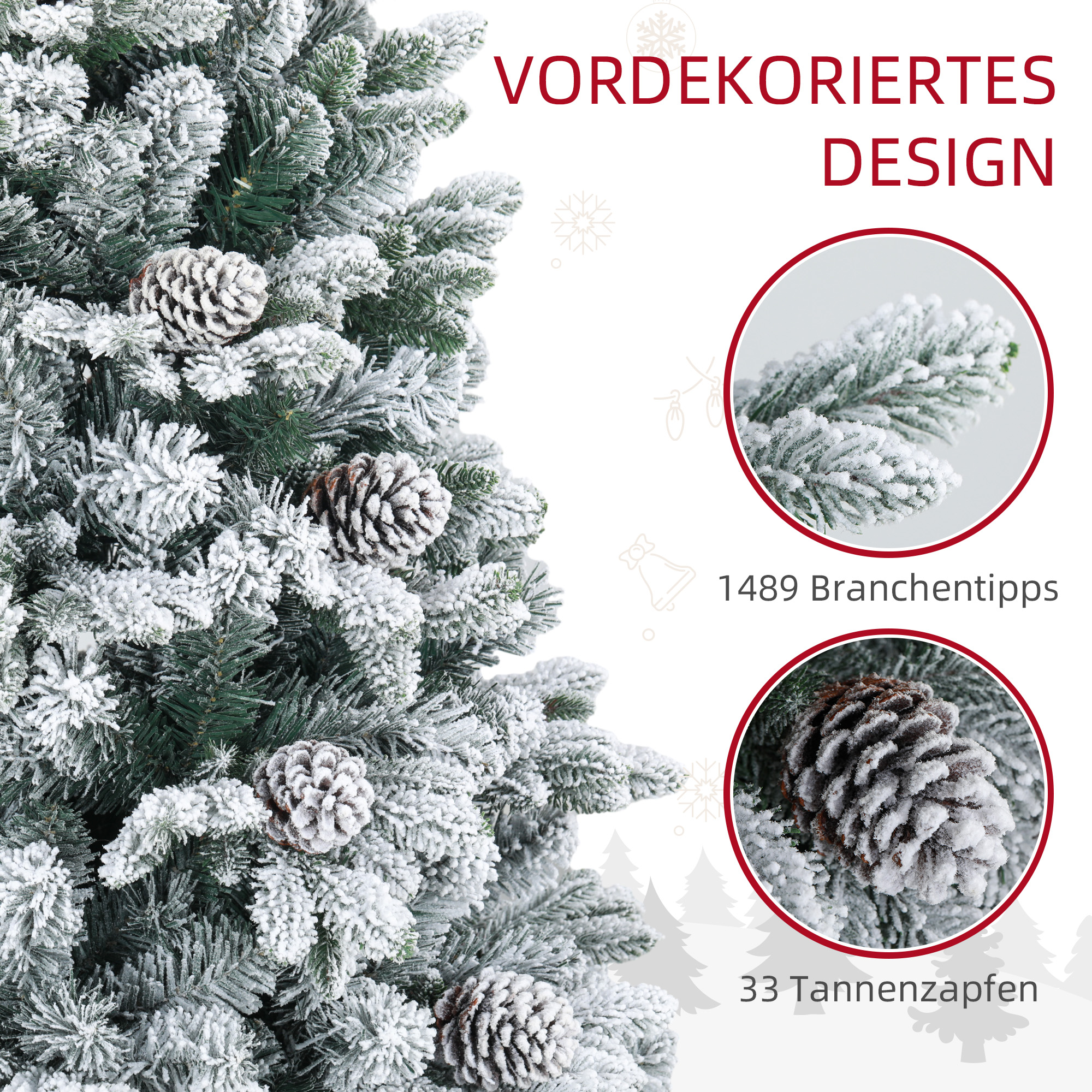 Weihnachtsbaum, Kunstschnee & Tannenzapfen, realistisch, flammhemmend, Metallfuß, 183 cm, Grün