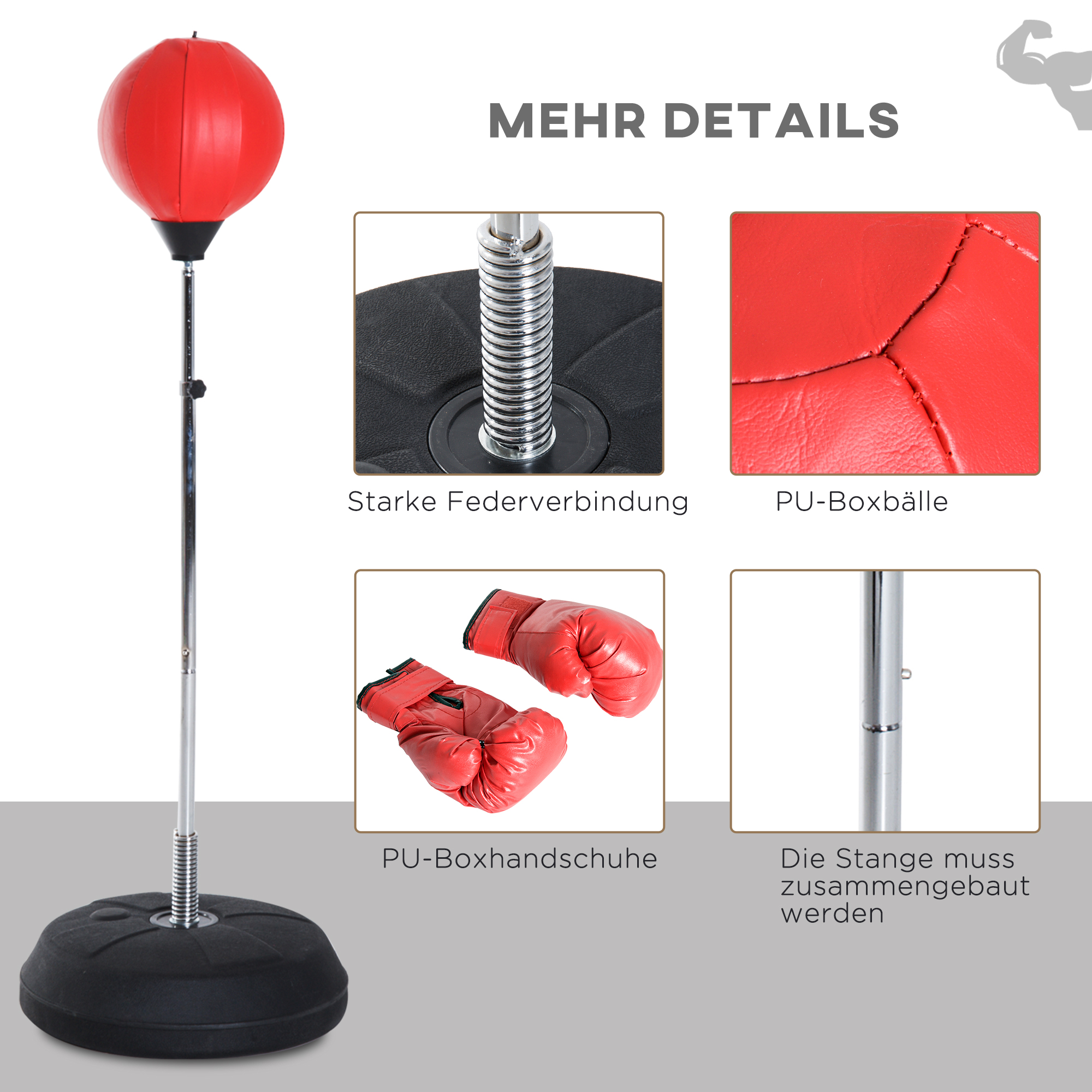 Box-Set mit Punchingball, höhenverstellbar, inkl, Boxhandschuhe, 126-144cm, Rot